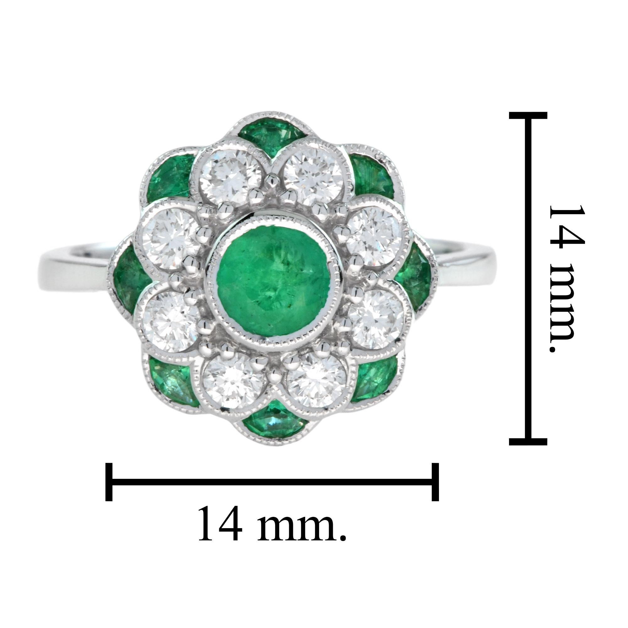 Floral Flower Petals Green Emerald & Diamond Art Deco Style 14K White Gold Ring Damen im Angebot