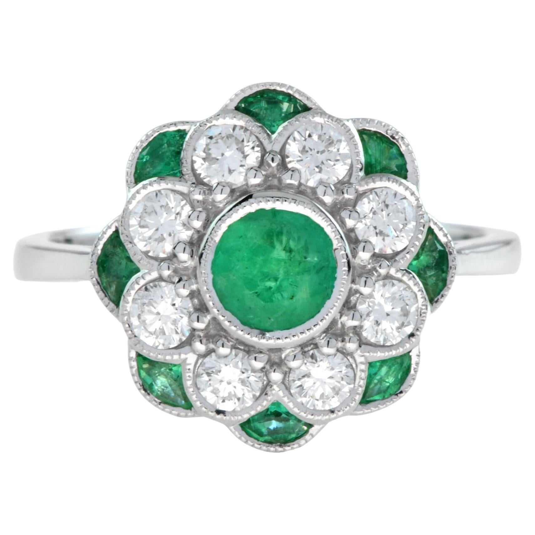 Floral Flower Petals Green Emerald & Diamond Art Deco Style 14K White Gold Ring im Angebot