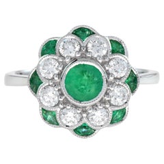 Floral Flower Petals Green Emerald & Diamond Art Deco Style 14K White Gold Ring