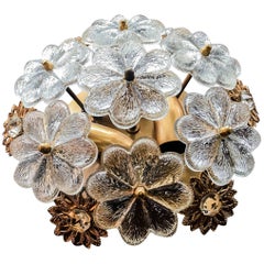 Floral Flush Mount E. Palme Seven Murano Glass Flowers Plus 6 Crystal Trimmings