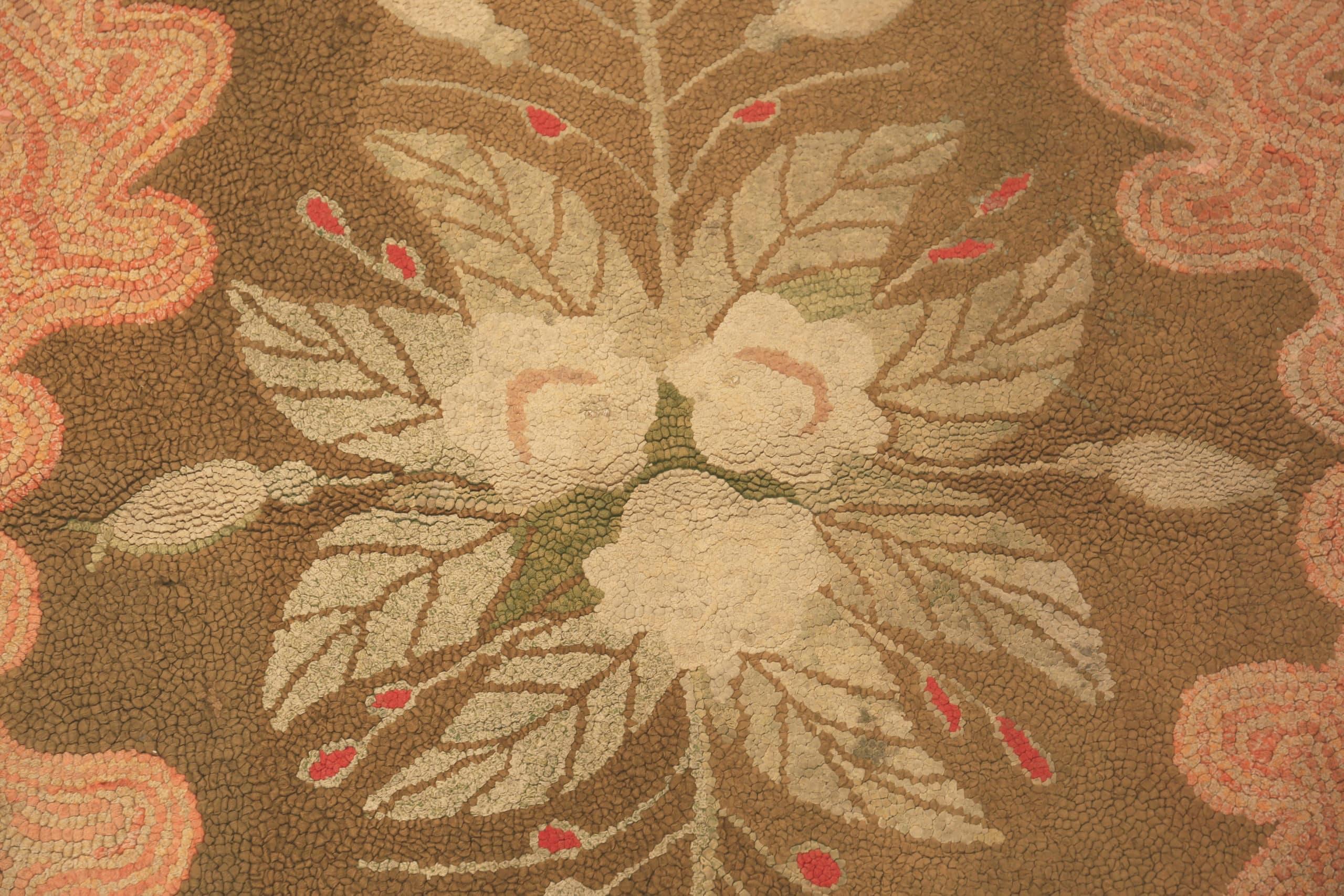 Floral Folk Art Antique American Hooked Rug 3'3