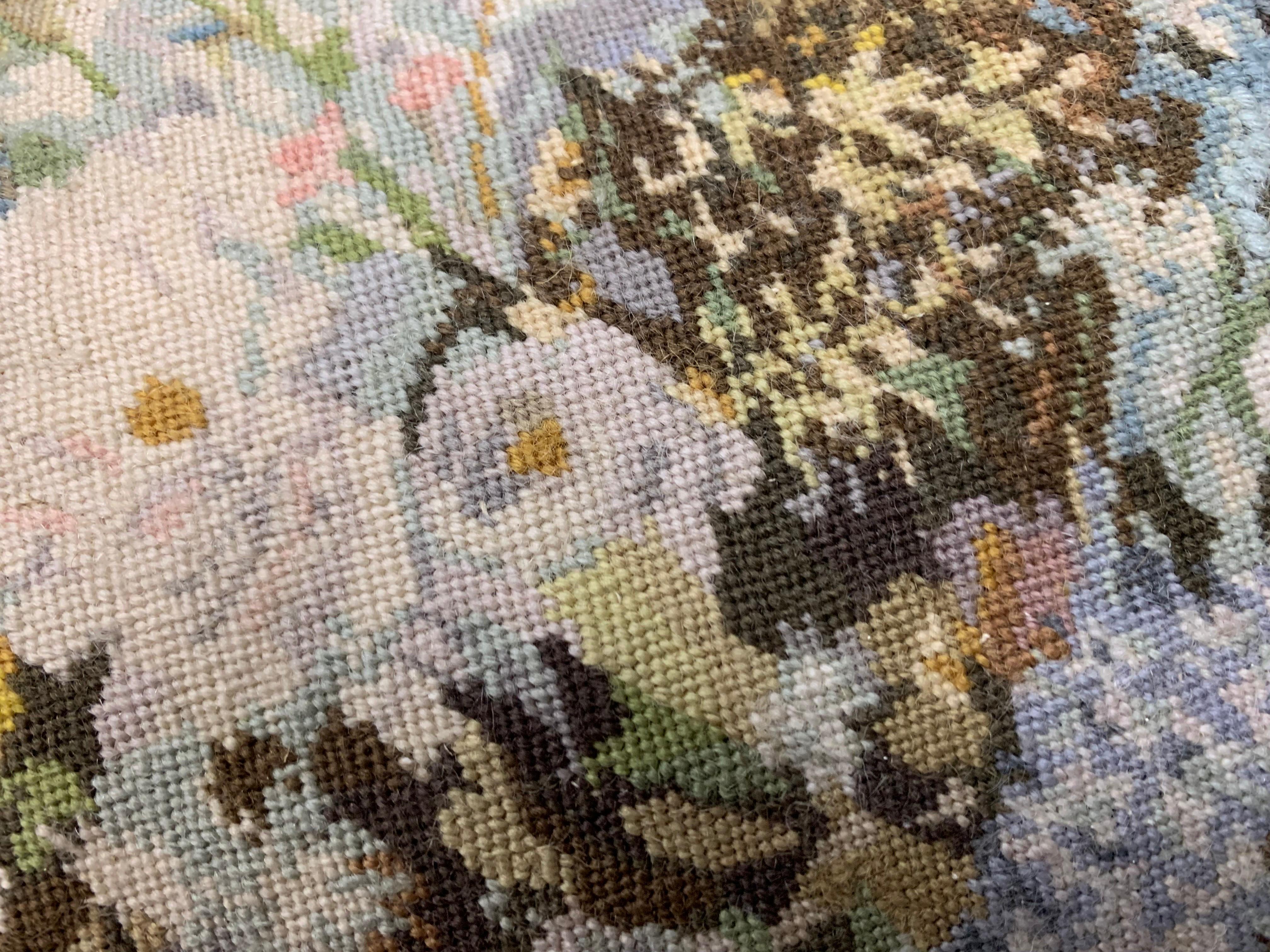 Pastel colored Floral French Provincial style Lumbar needlepoint pillow. Made of wool with a cream colored backing. It measures 17 x 13 inches. Needlepoint on the front is Pristine and backing has a water stain.


  