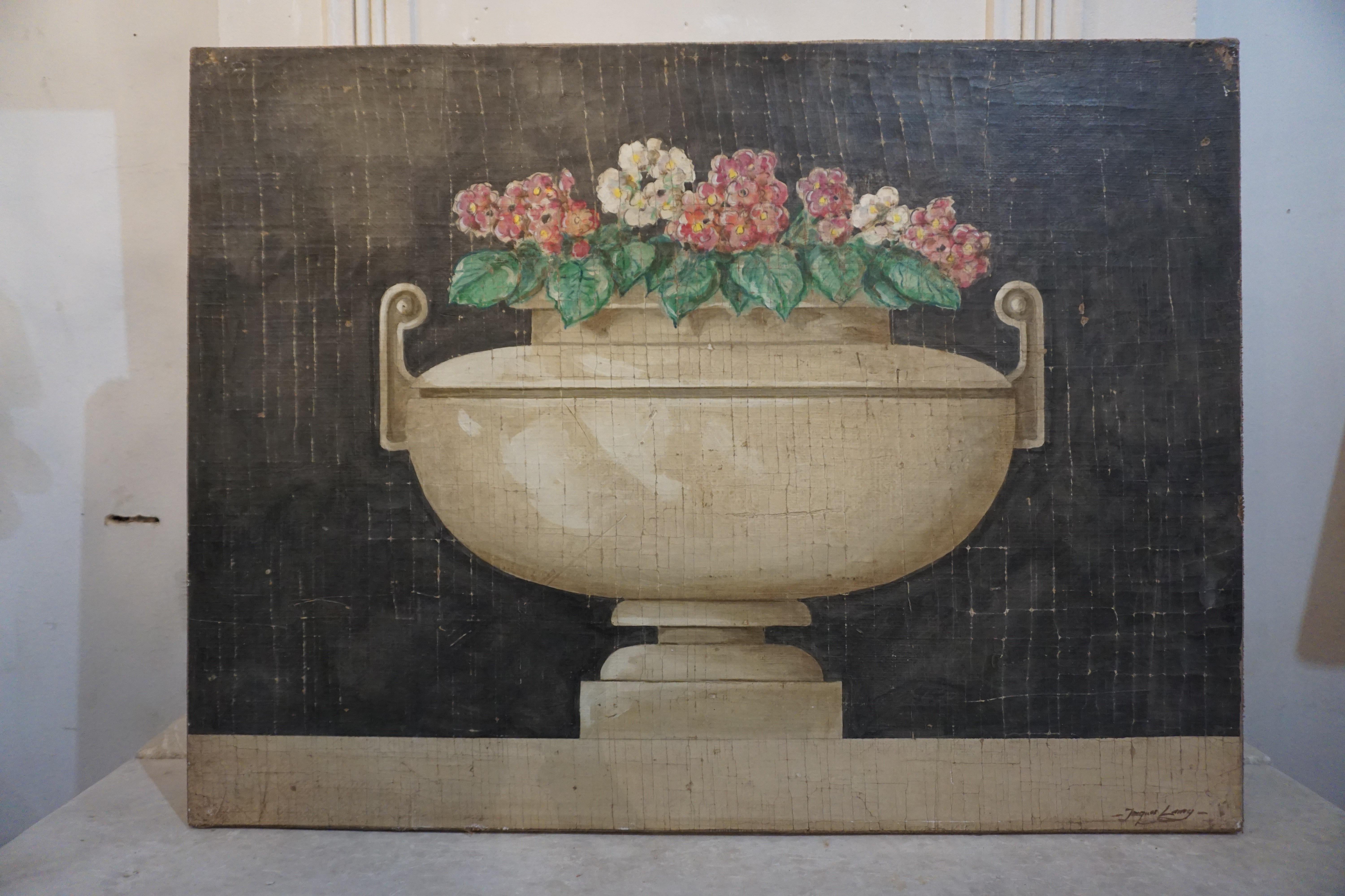 This fresco painting was painted by French artist Jacques Lamay in the late 1990s. Features a floral arrangement in an urn. Signed.

Measurements: 40'' W x 30'' H.