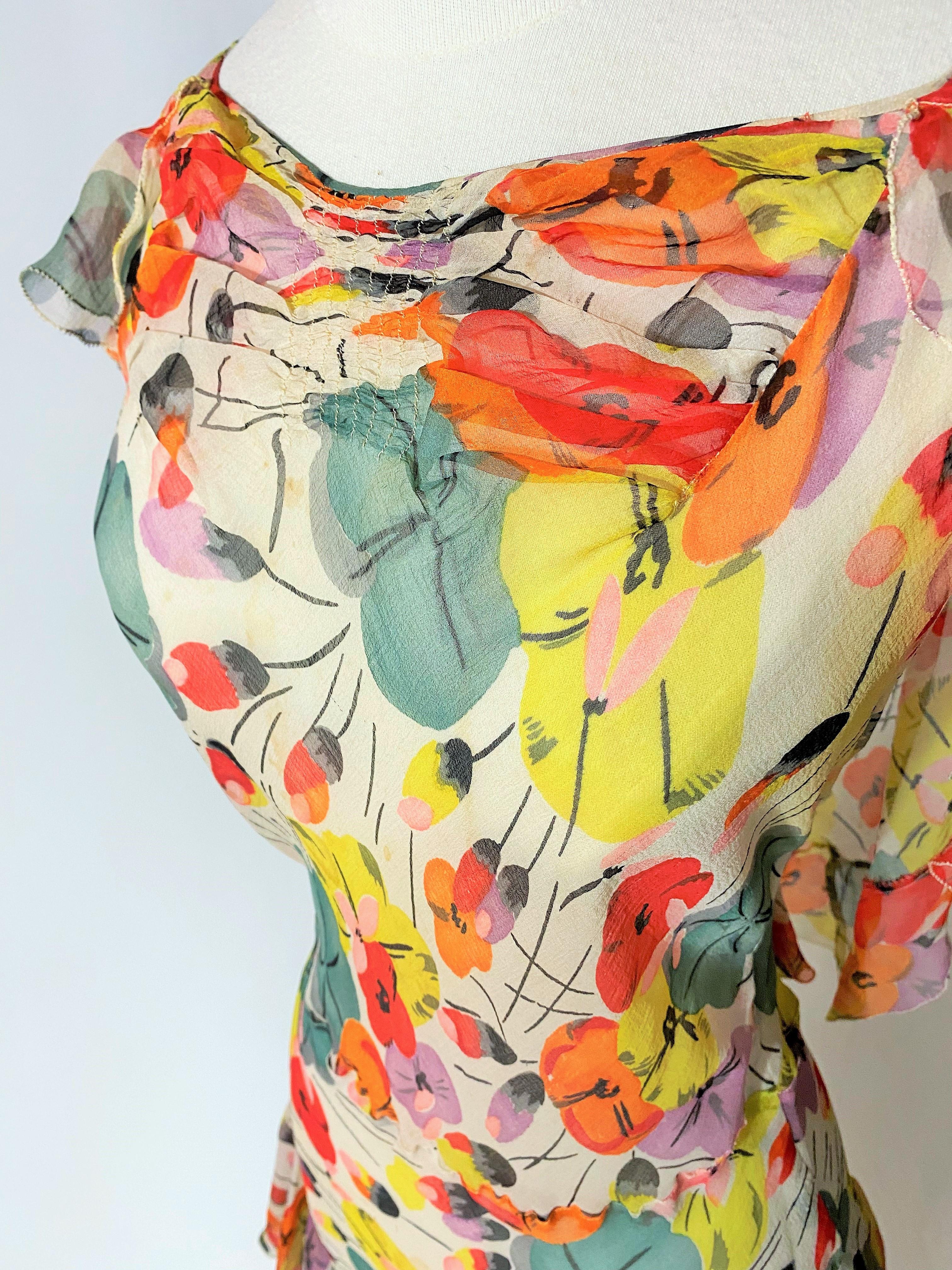 Floral Frinted Chiffon Silk summer Dress inspired by Raoul Dufy Circa 1938-1940 2