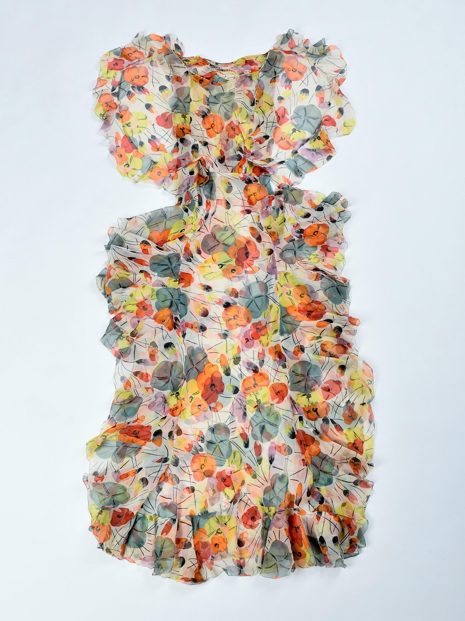 Brown Floral Frinted Chiffon Silk summer Dress inspired by Raoul Dufy Circa 1938-1940