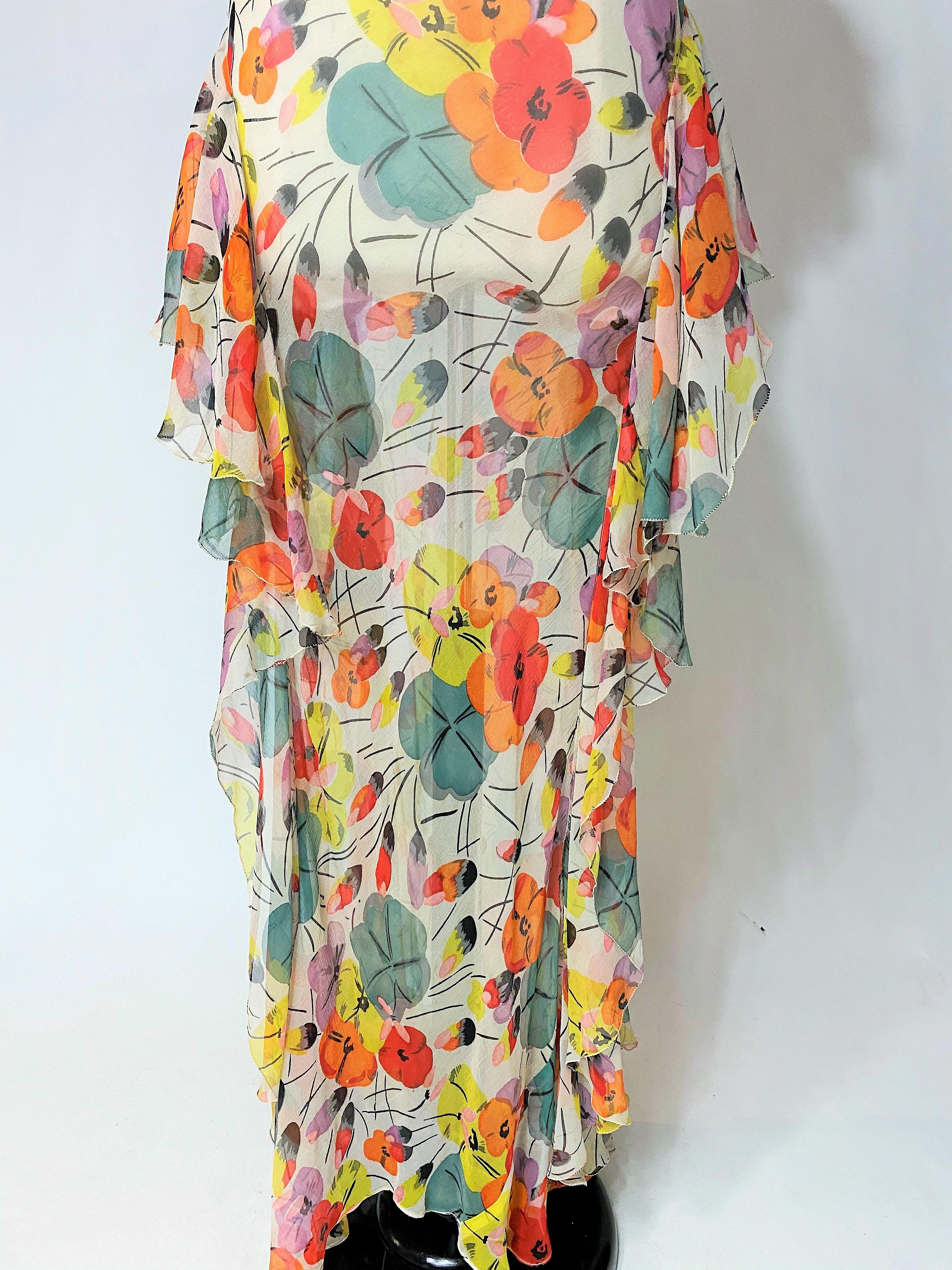 Floral Frinted Chiffon Silk summer Dress inspired by Raoul Dufy Circa 1938-1940 In Good Condition In Toulon, FR