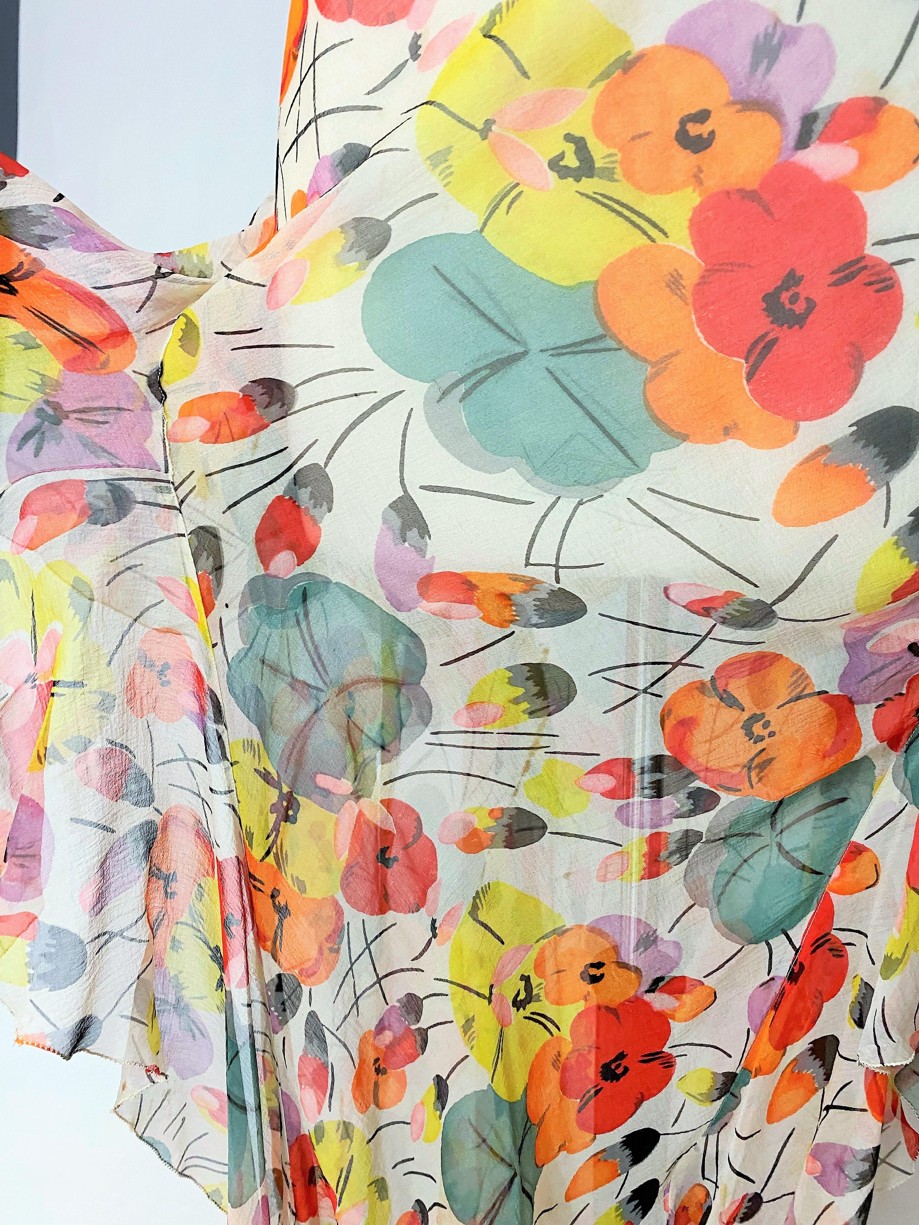 Women's Floral Frinted Chiffon Silk summer Dress inspired by Raoul Dufy Circa 1938-1940