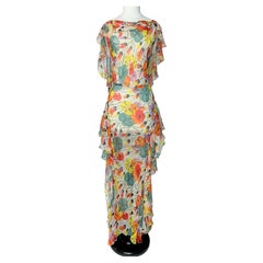 Vintage Floral Frinted Chiffon Silk summer Dress inspired by Raoul Dufy Circa 1938-1940