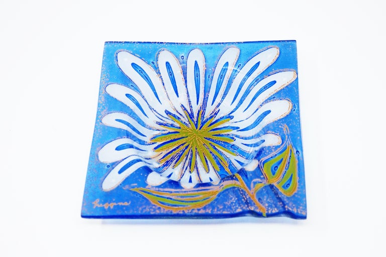 Floral Fused Art Glass Ashtray by Higgins, Signed, circa 1950s at 1stDibs
