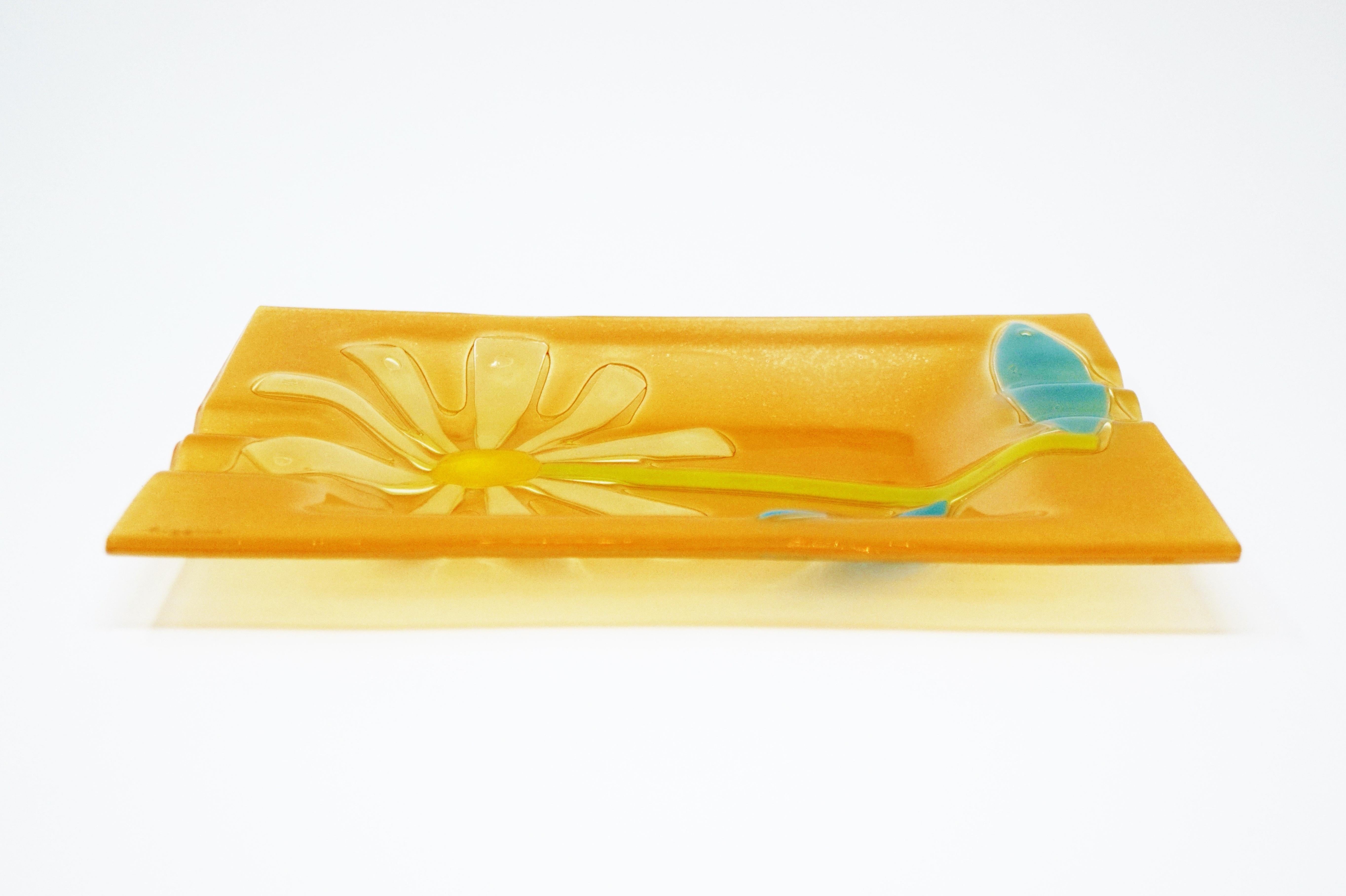 Mid-Century Modern Floral Fused Art Glass Ashtray by Higgins, Signed, circa 1950s