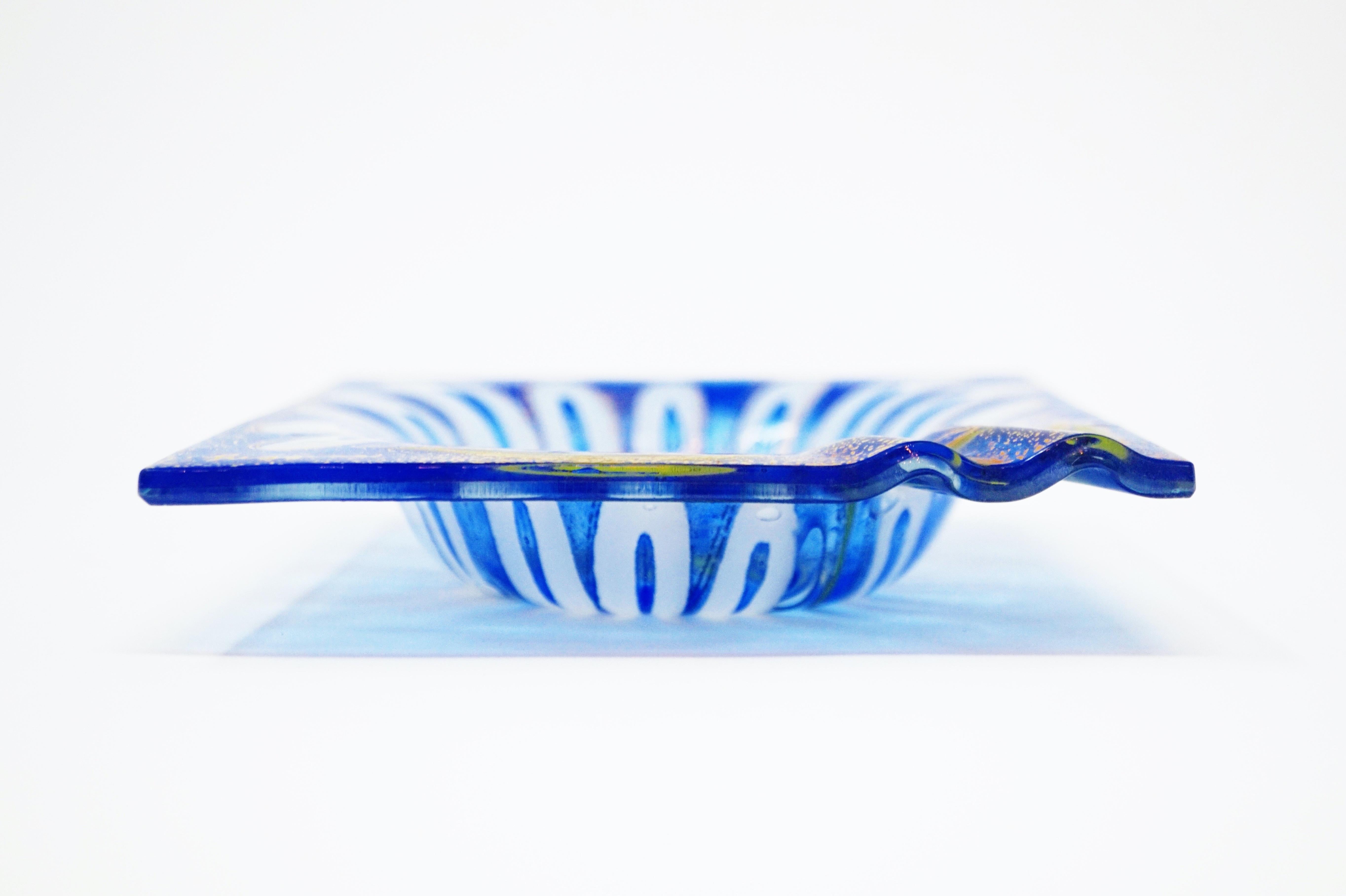 American Floral Fused Art Glass Ashtray by Higgins, Signed, circa 1950s