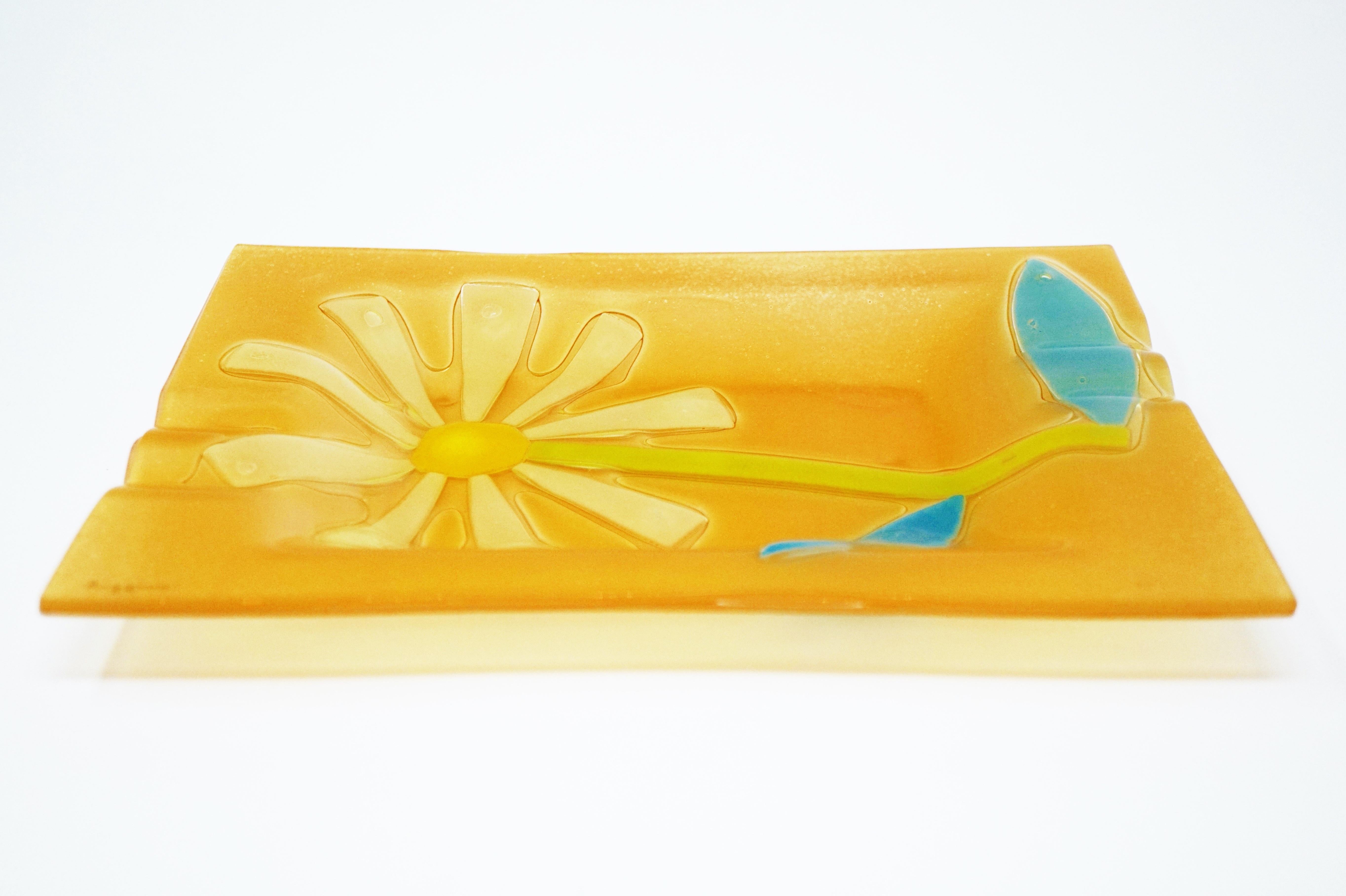 Floral Fused Art Glass Ashtray by Higgins, Signed, circa 1950s In Good Condition In McKinney, TX