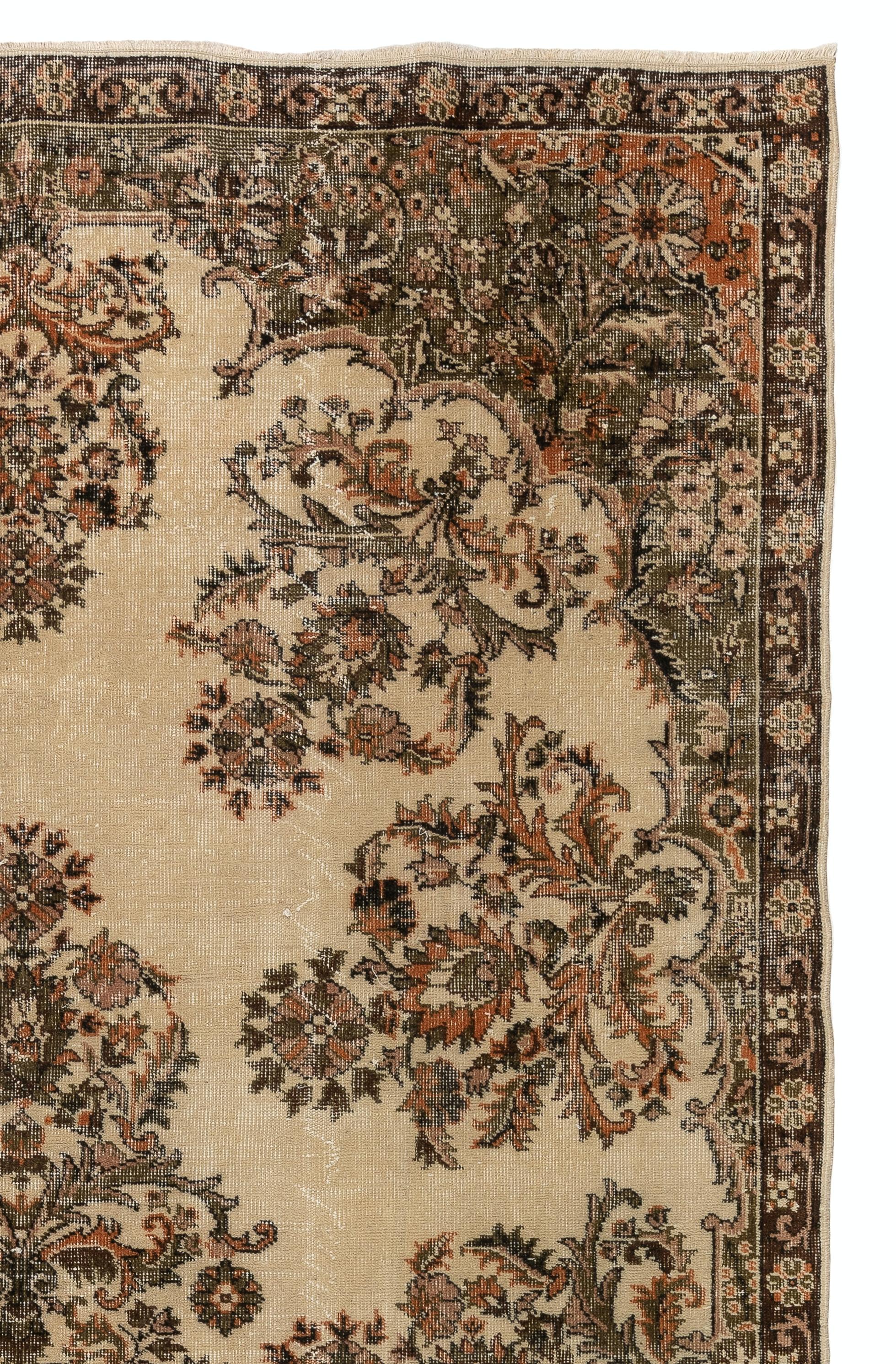 Turkish 7x10 Ft Floral Garden Design Vintage Rug, Handmade Anatolian Carpet in Beige For Sale