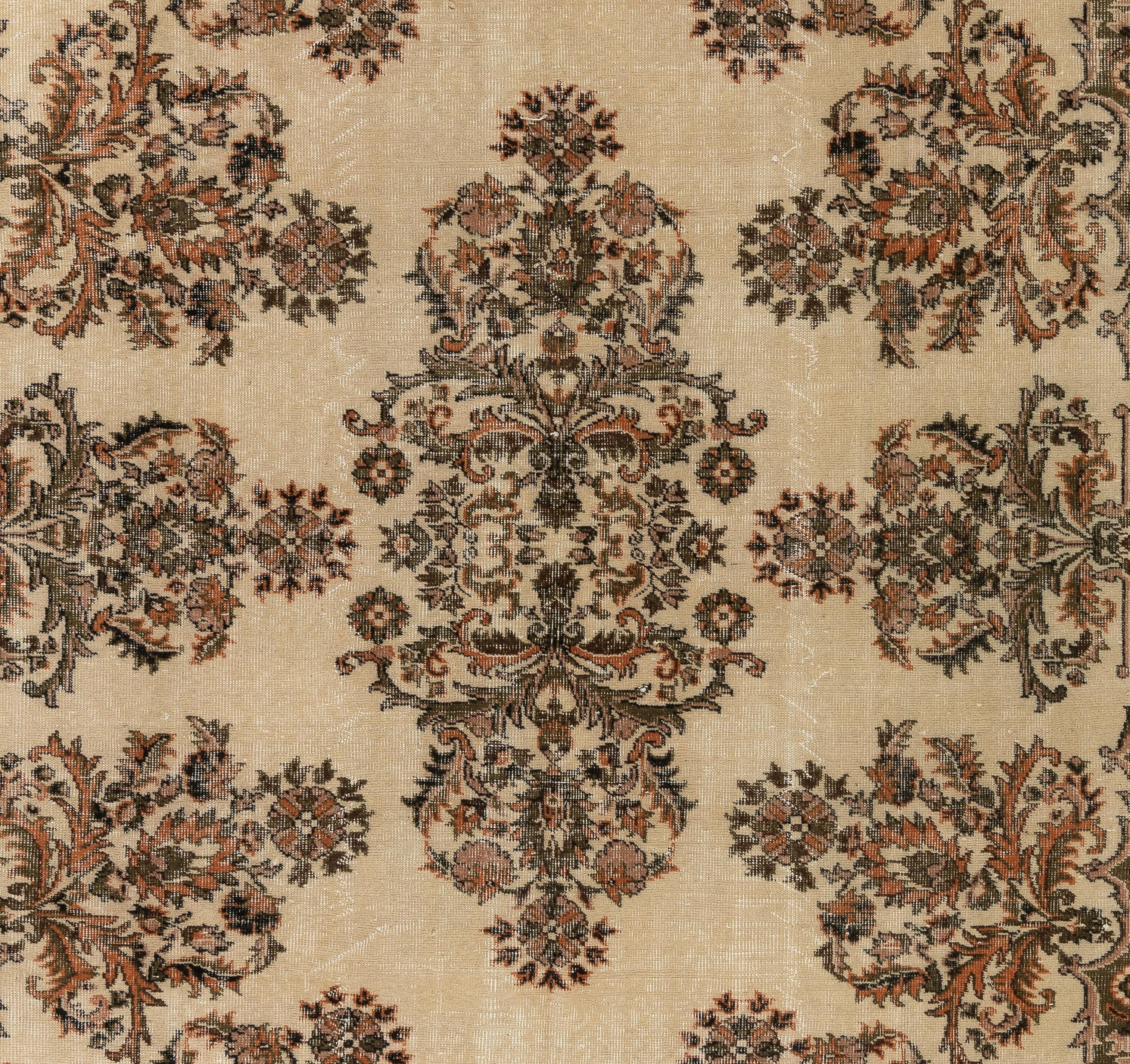 Hand-Woven 7x10 Ft Floral Garden Design Vintage Rug, Handmade Anatolian Carpet in Beige For Sale