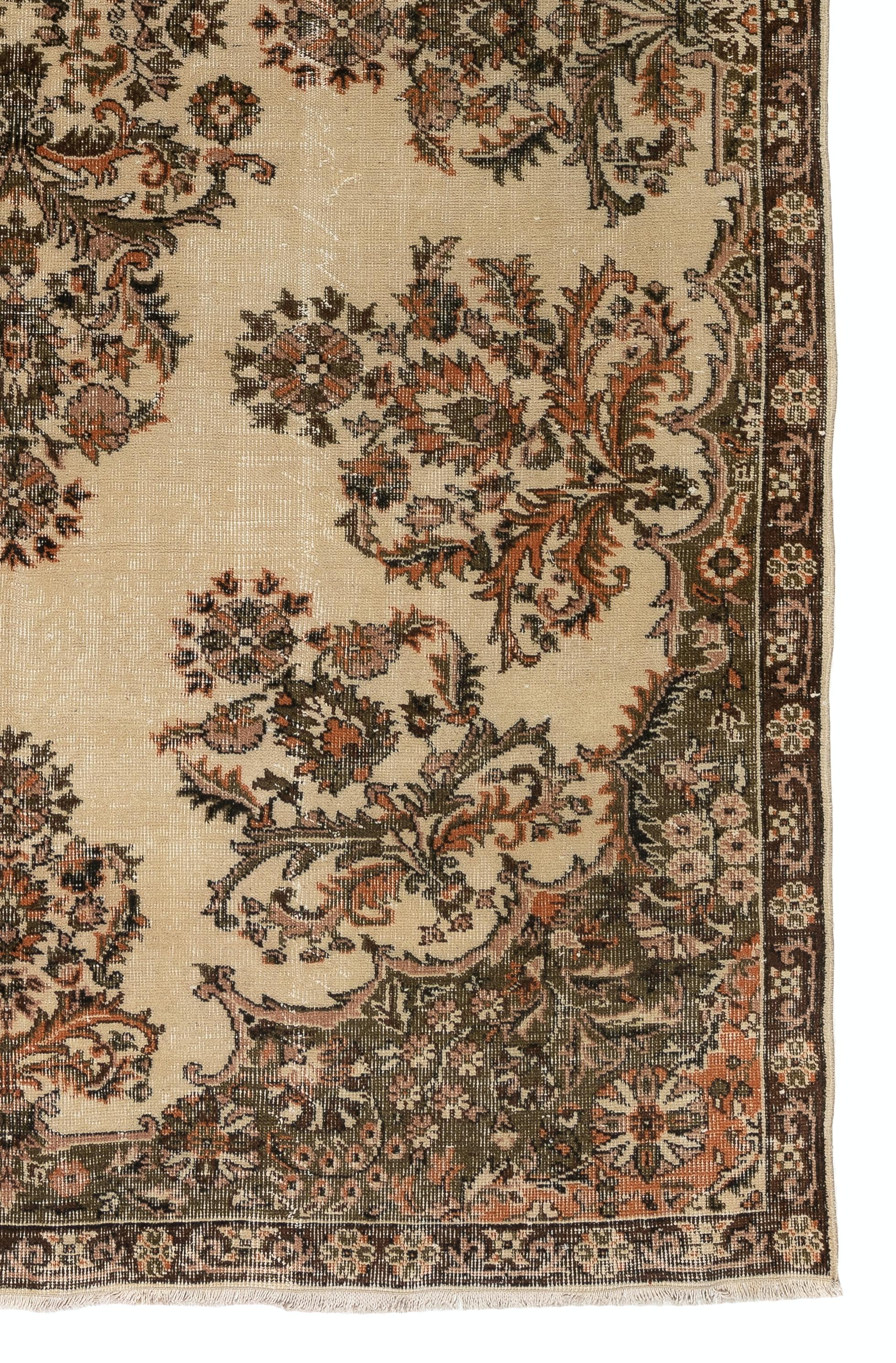 20th Century 7x10 Ft Floral Garden Design Vintage Rug, Handmade Anatolian Carpet in Beige For Sale