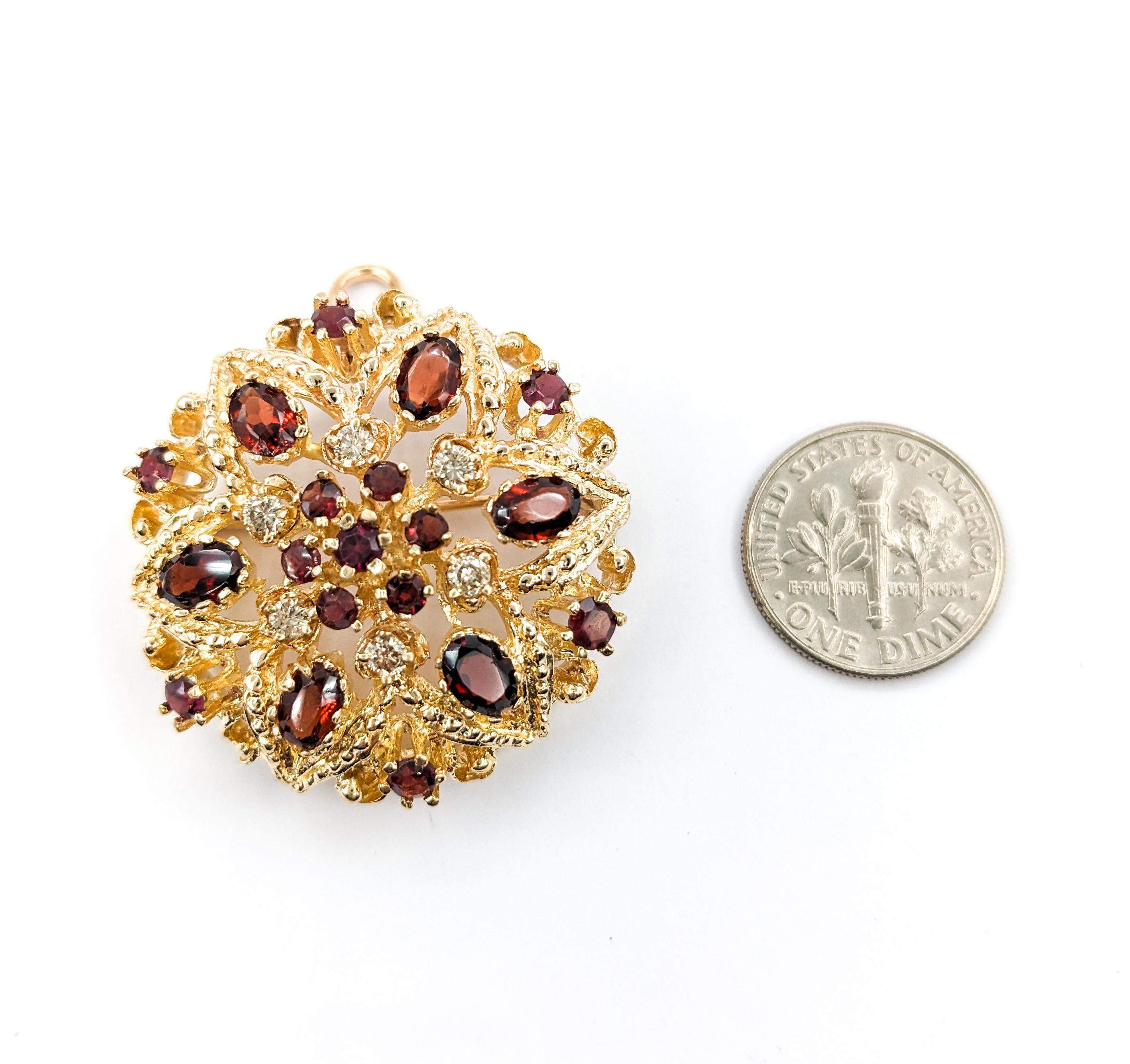 Floral Garnet & Diamond Pendant Brooch in Yellow Gold

Introducing this beautiful Gemstone Fashion Pendant/Brooch crafted in 14ky gold. The pendant, designed in a floral motif, features .30ctw diamonds with I clarity and a near colorless white hue,