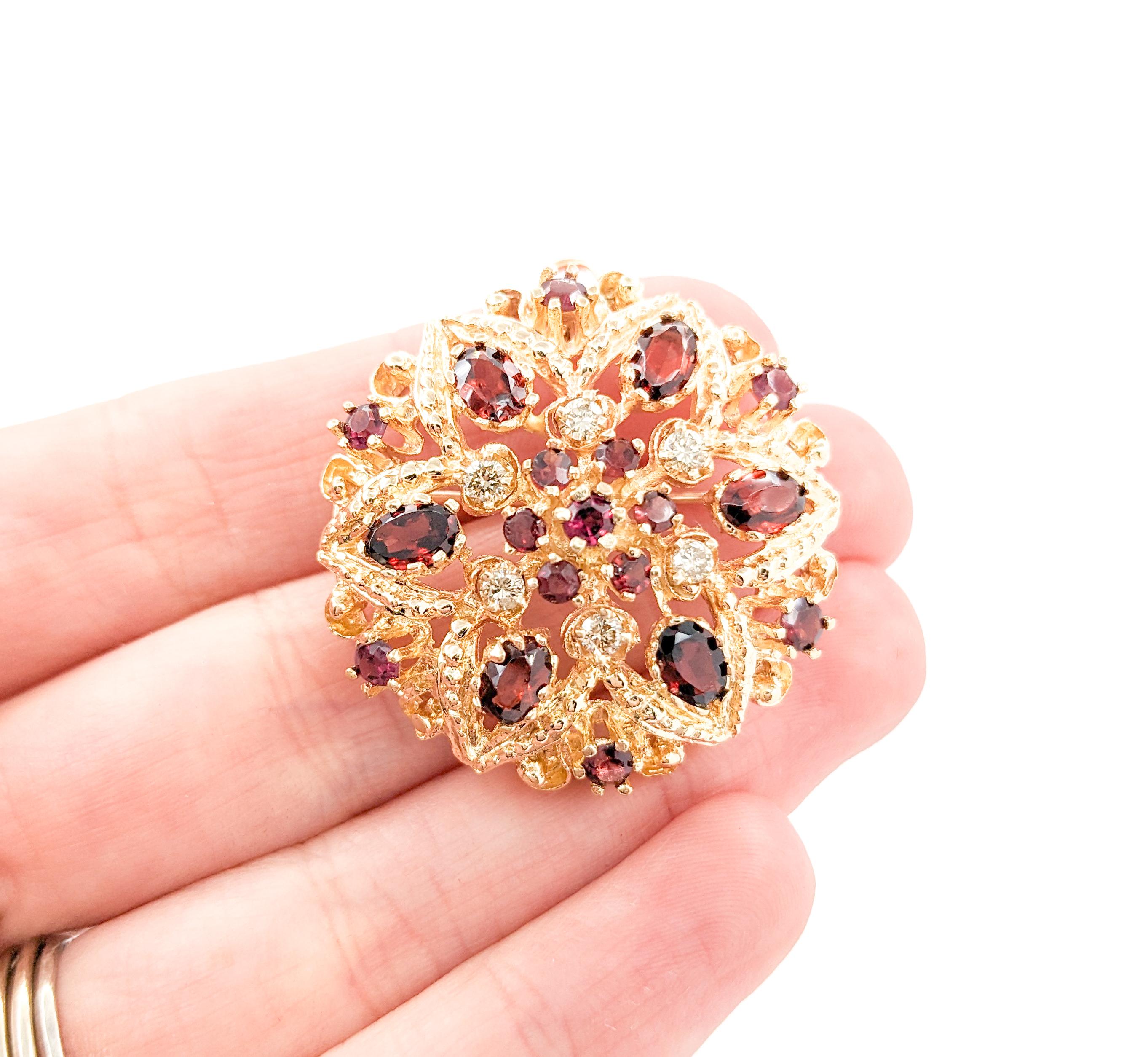 Modern Floral Garnet & Diamond Pendant Brooch in Yellow Gold For Sale