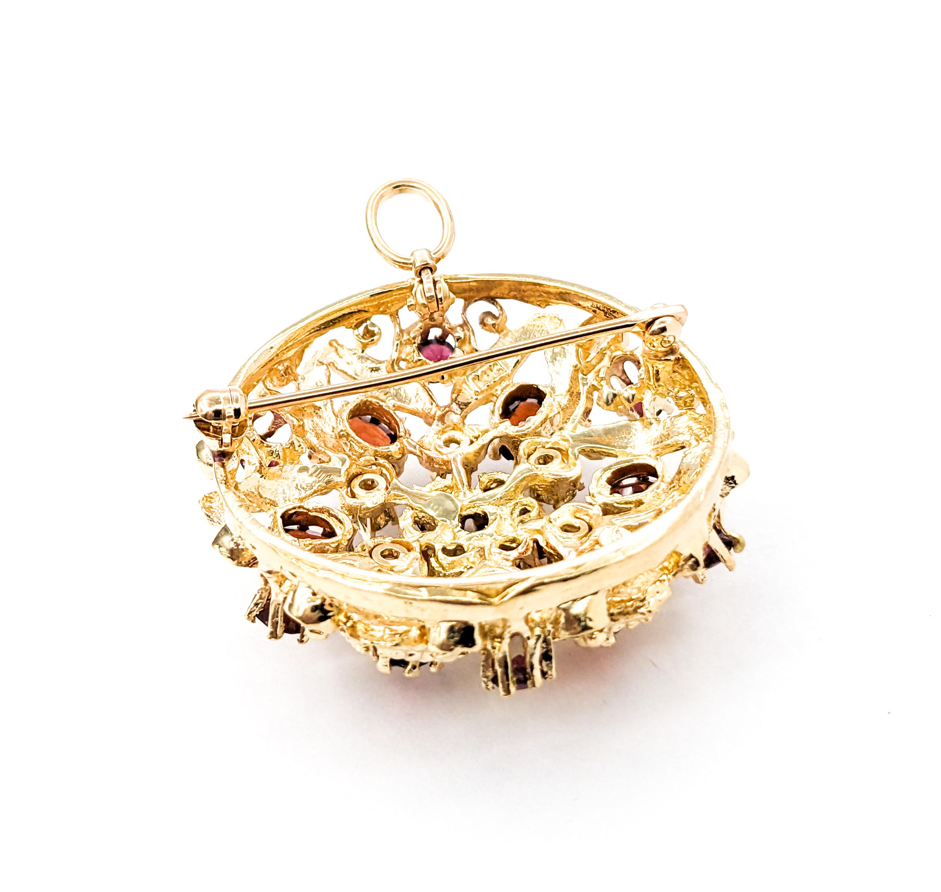 Round Cut Floral Garnet & Diamond Pendant Brooch in Yellow Gold For Sale
