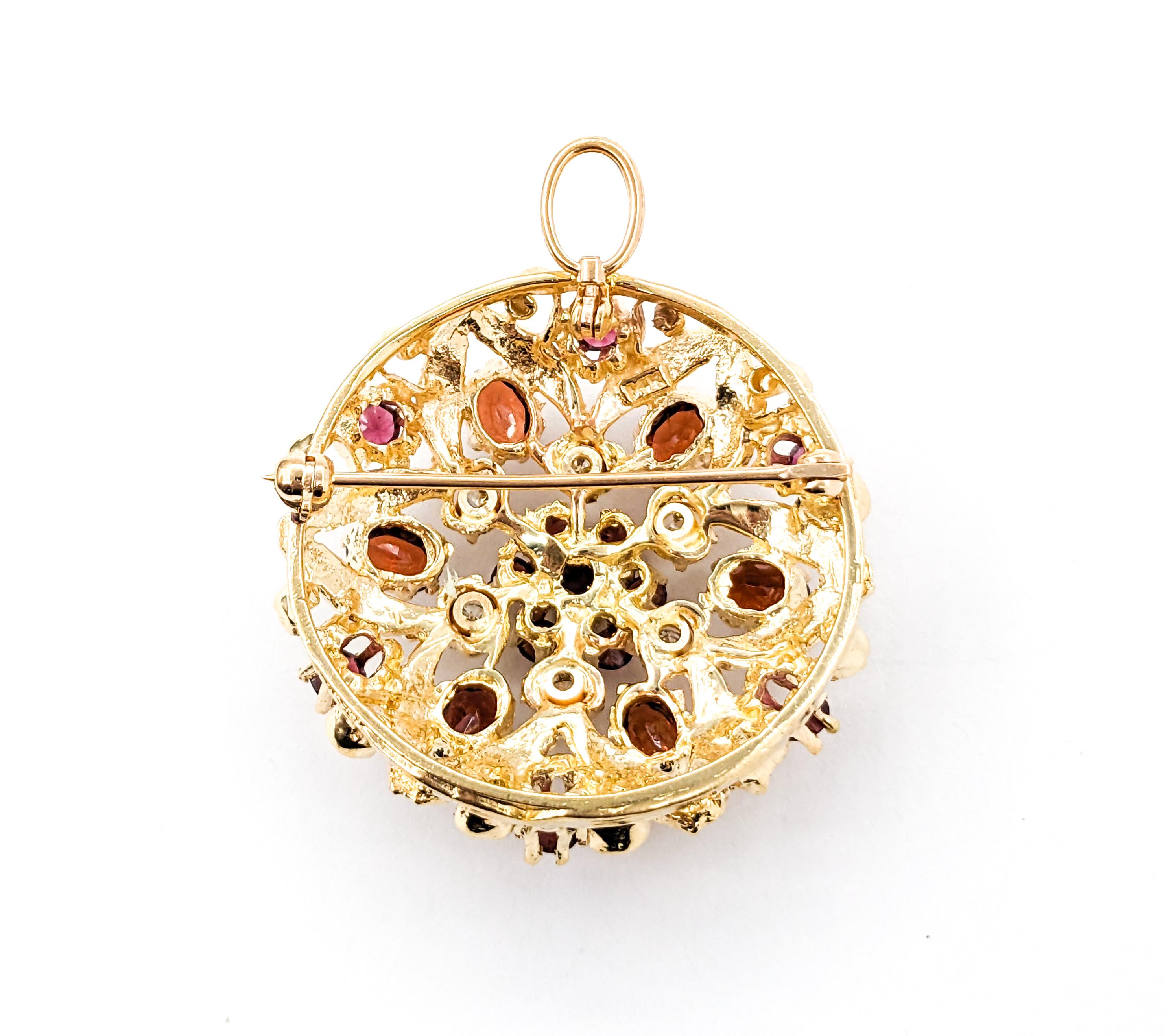 Floral Garnet & Diamond Pendant Brooch in Yellow Gold In Excellent Condition For Sale In Bloomington, MN