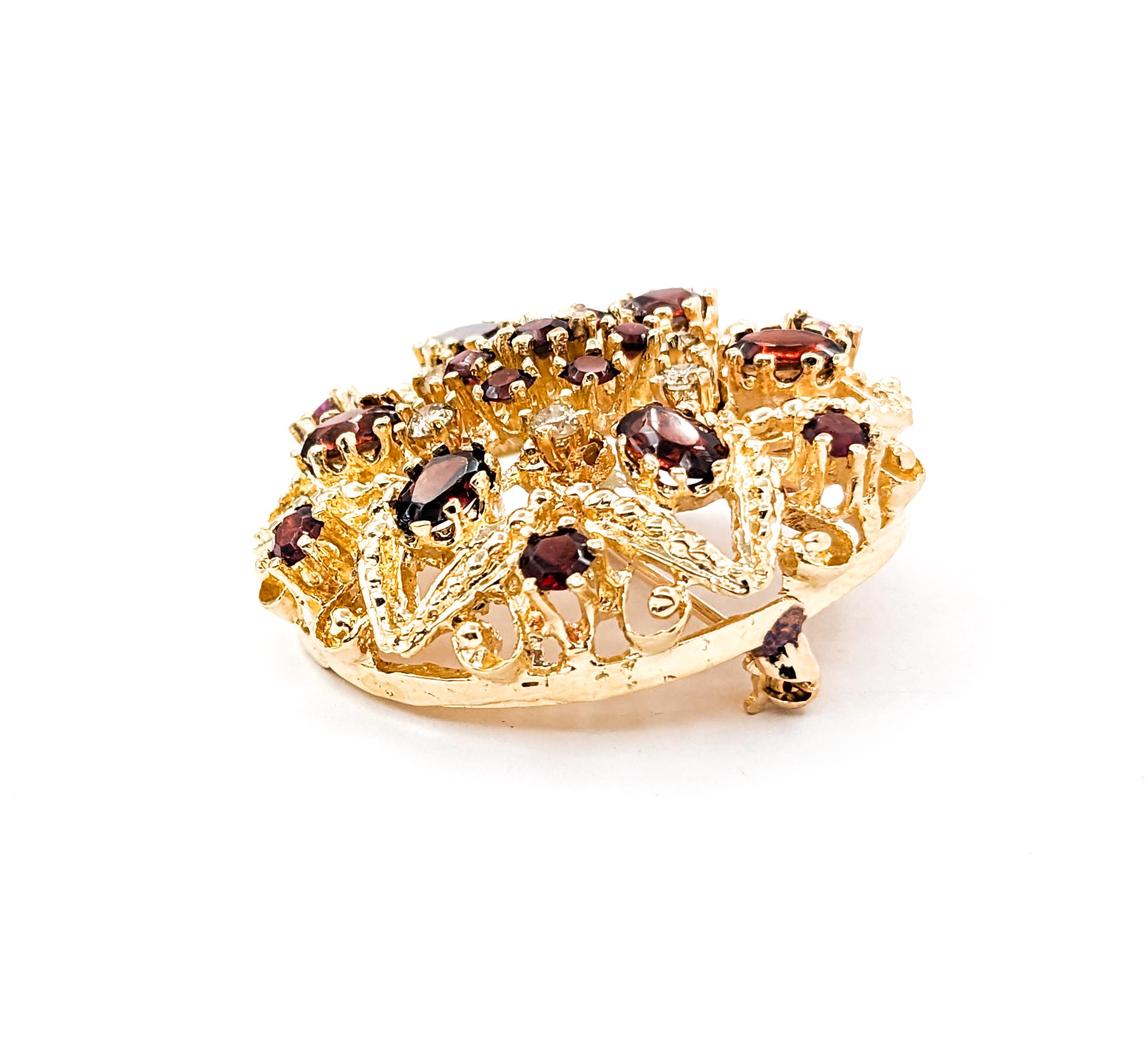 Women's Floral Garnet & Diamond Pendant Brooch in Yellow Gold For Sale