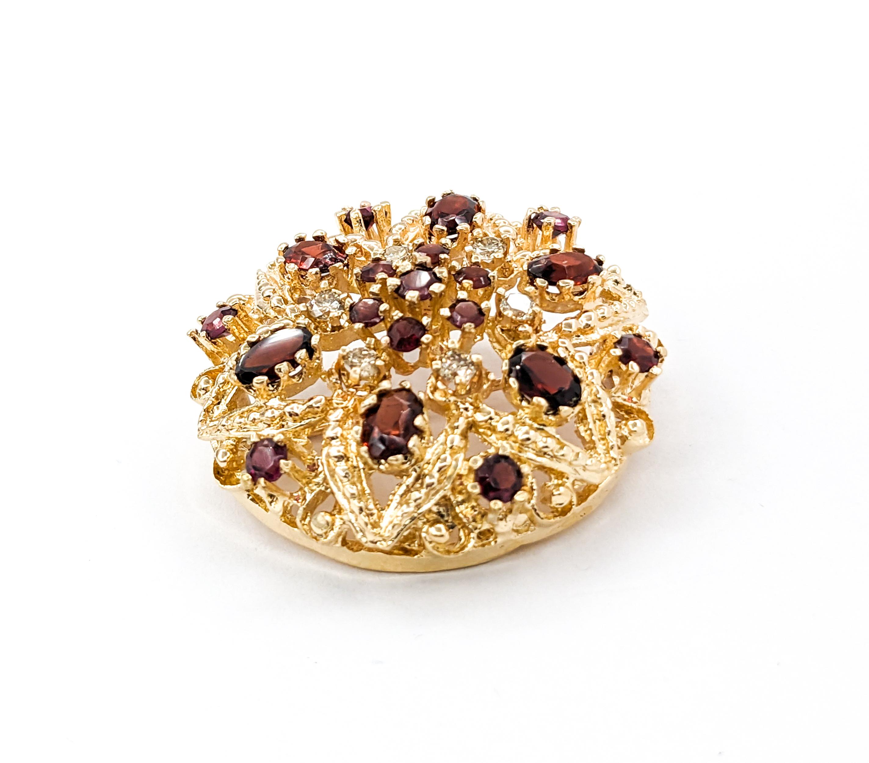 Floral Garnet & Diamond Pendant Brooch in Yellow Gold For Sale 1
