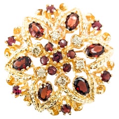 Floral Garnet & Diamond Pendant Brooch in Yellow Gold