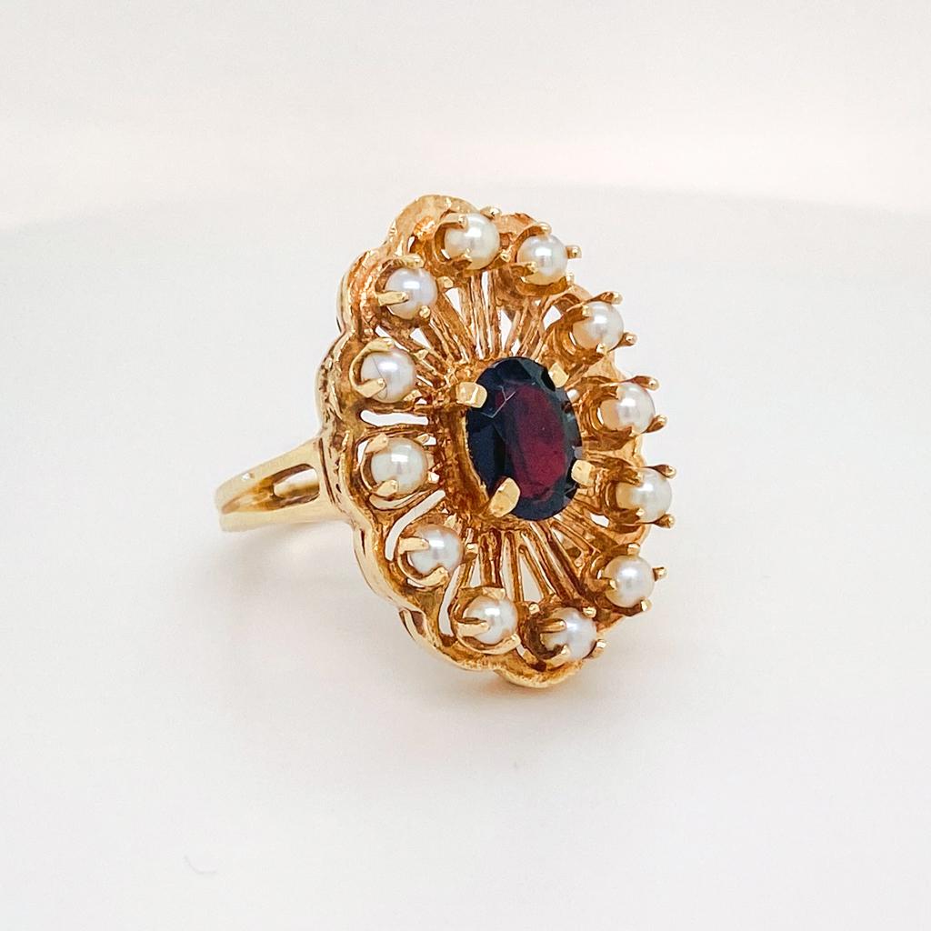 Artisan Floral Garnet Pearl Halo Wirework Ring, 14K Yellow Gold Vintage Circa 1970 For Sale