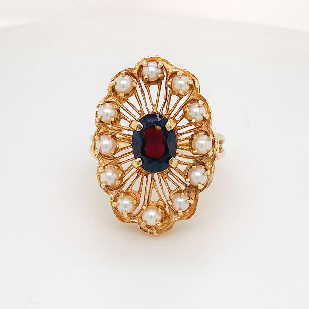 Oval Cut Floral Garnet Pearl Halo Wirework Ring, 14K Yellow Gold Vintage Circa 1970 For Sale