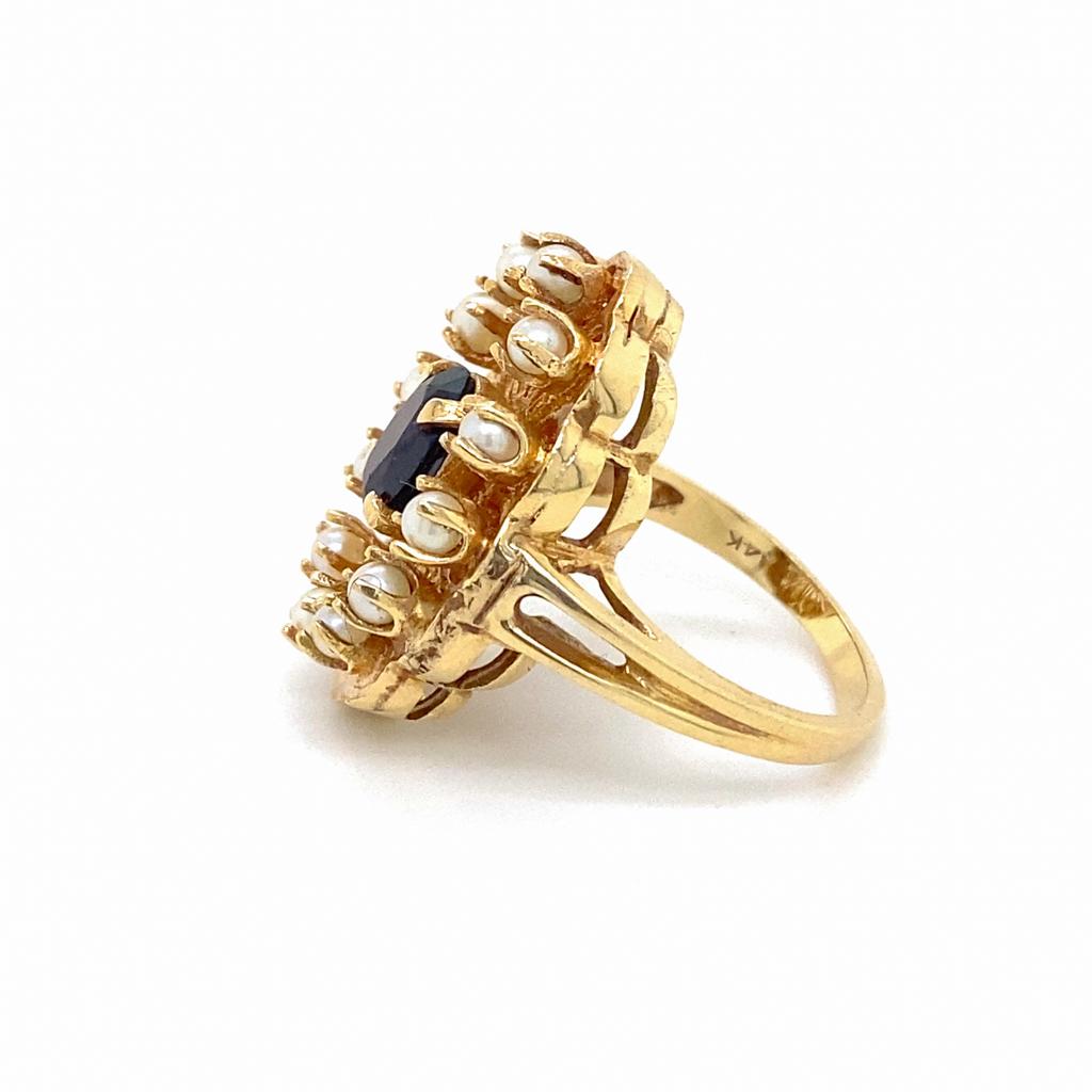 Women's Floral Garnet Pearl Halo Wirework Ring, 14K Yellow Gold Vintage Circa 1970 For Sale