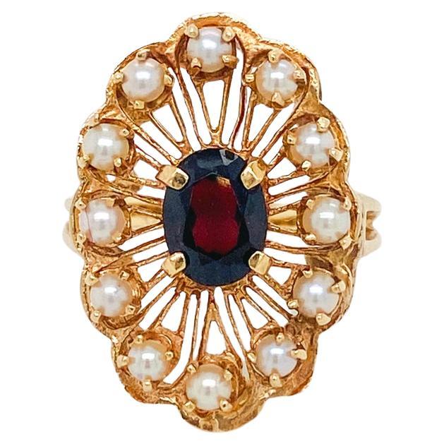 Floral Garnet Pearl Halo Wirework Ring, 14K Yellow Gold Vintage Circa 1970 For Sale