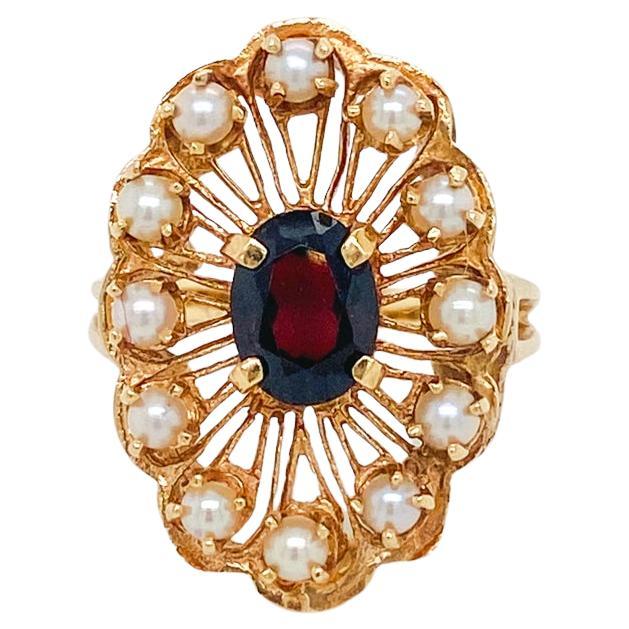 Floral Garnet Pearl Halo Wirework Ring, 14K Yellow Gold Vintage Circa 1970