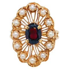 Floral Garnet Pearl Halo Wirework Ring, 14K Yellow Gold Vintage Circa 1970