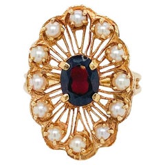 Floral Garnet Pearl Halo Wirework Ring, 14K Yellow Gold Retro Circa 1970