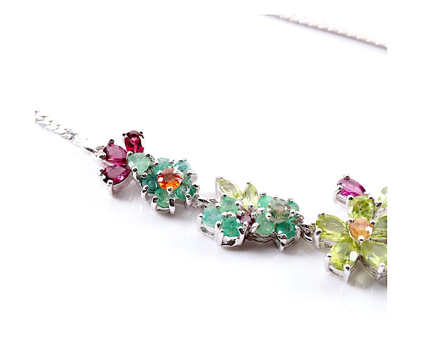 Marquise Cut Floral Gem Necklace- 34 ct- Peridot, Tourmaline, Sapphire, Emerald, Sterling Silver