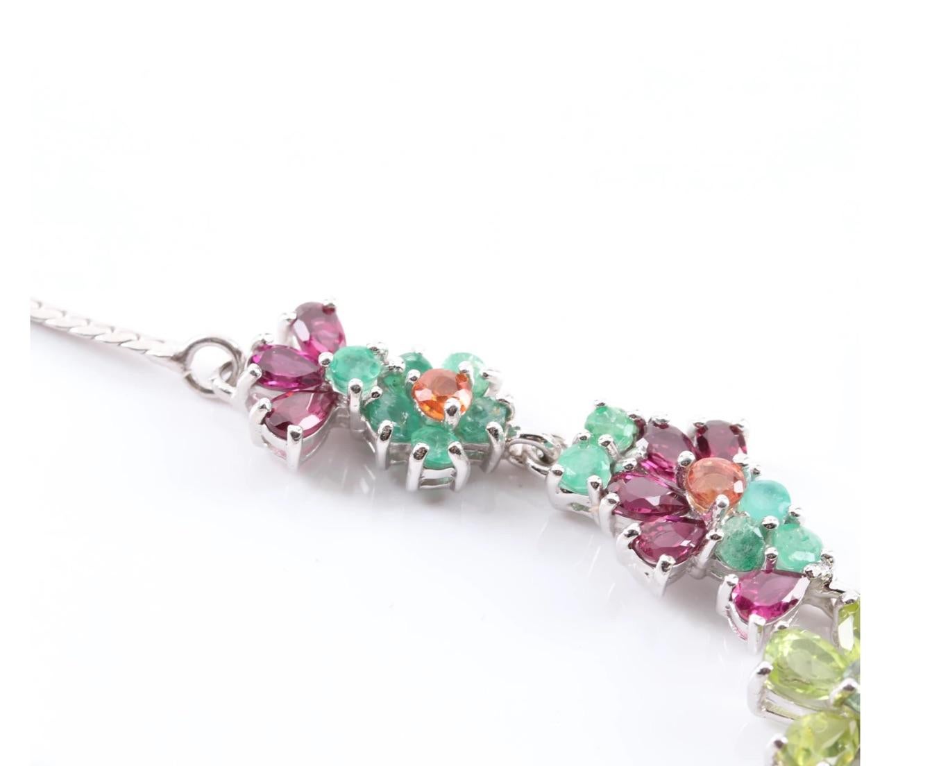 Floral Gem Necklace- 34 ct- Peridot, Tourmaline, Sapphire, Emerald, Sterling Silver In Excellent Condition In West Palm Beach, FL