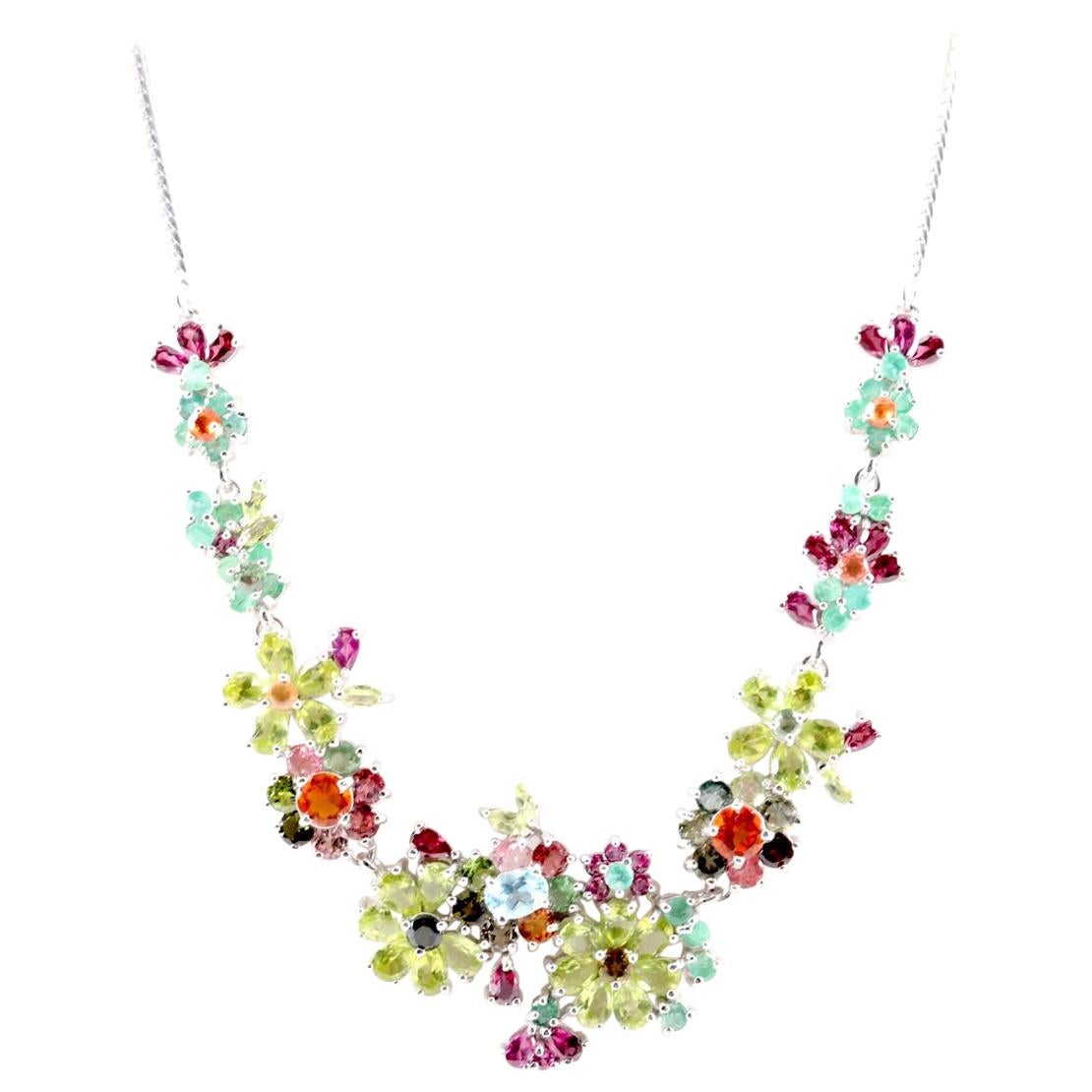 Floral Gem Necklace- 34 ct- Peridot, Tourmaline, Sapphire, Emerald, Sterling Silver