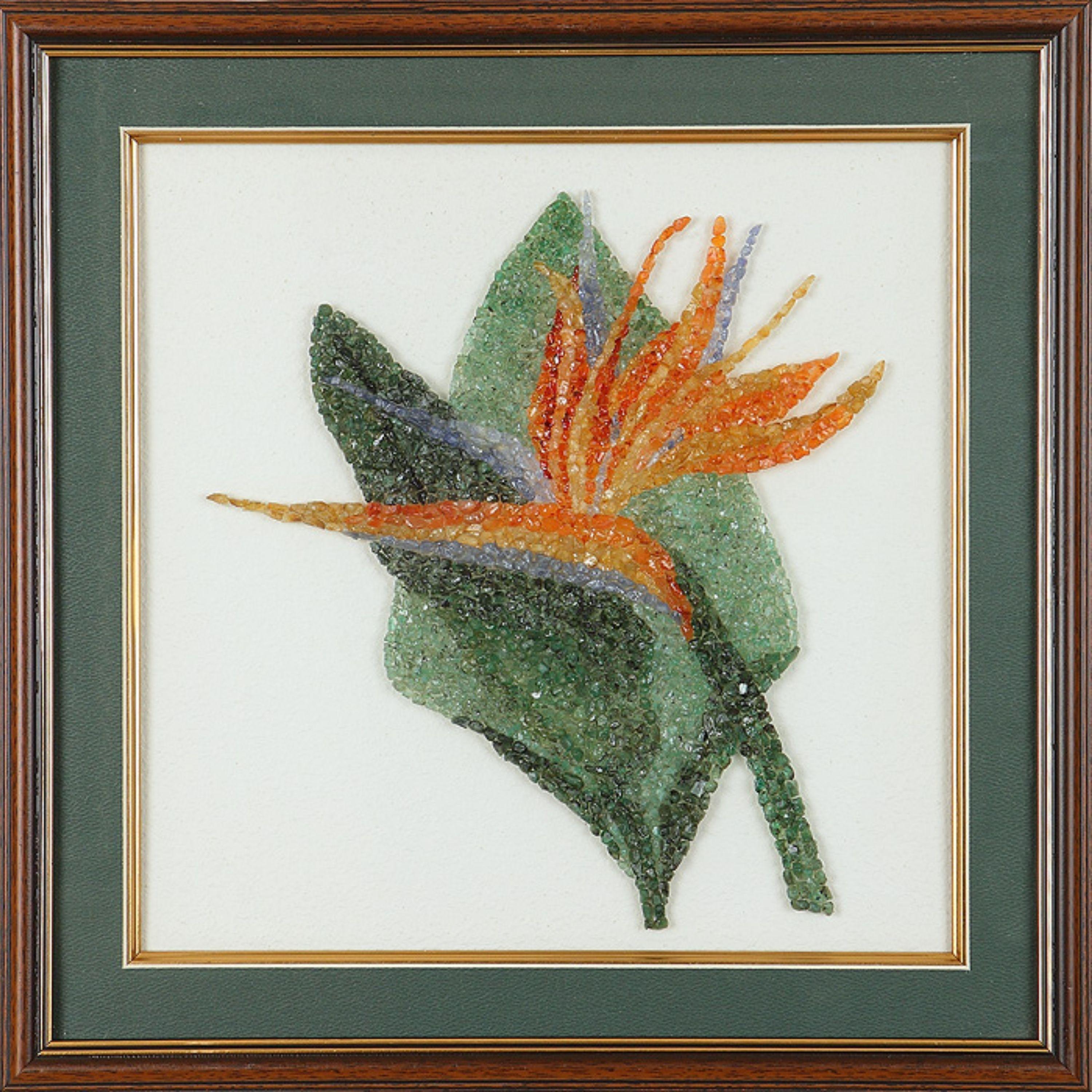 A very gorgeous Floral artwork made using Emerald, Carnelian & Yellow Sapphire. The gemstones used in this artwork is completely natural, without any treatment. The size of the artwork is 20 inches x 20 inches. The frame is of a simple painted green