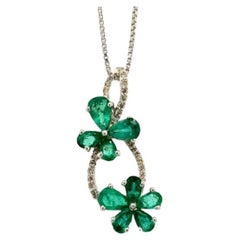 Floral Genuine Emerald Gemstone Pendant Necklace in 925 Sterling Silver For Her