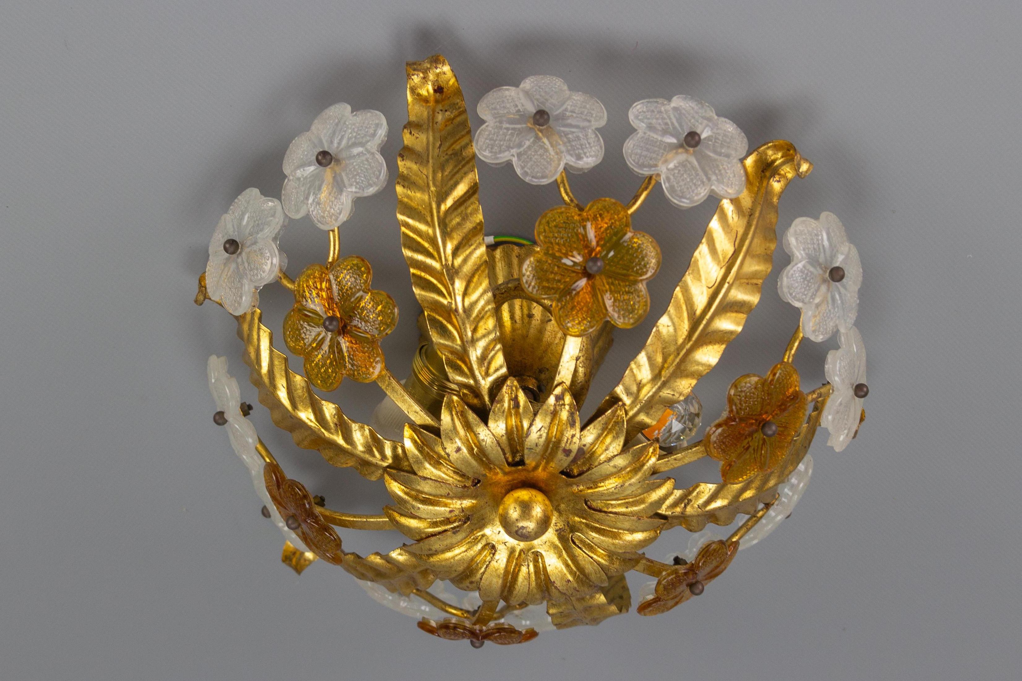 Floral Gilt Tole & White and Brown Glass Flower Flush Mount 4