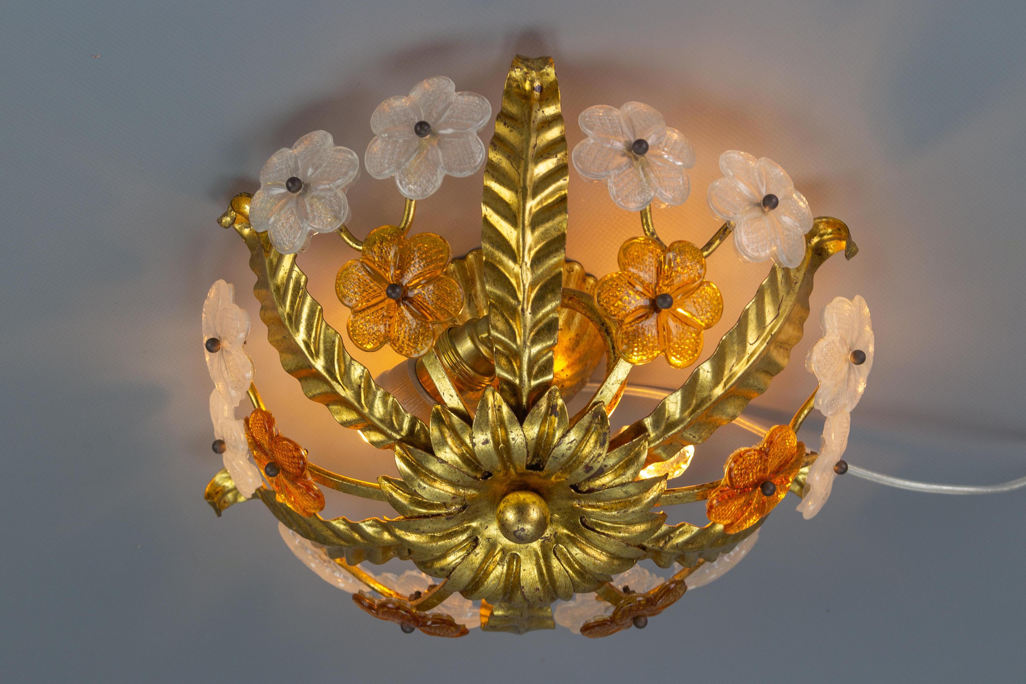 Floral Gilt Tole & White and Brown Glass Flower Flush Mount 5