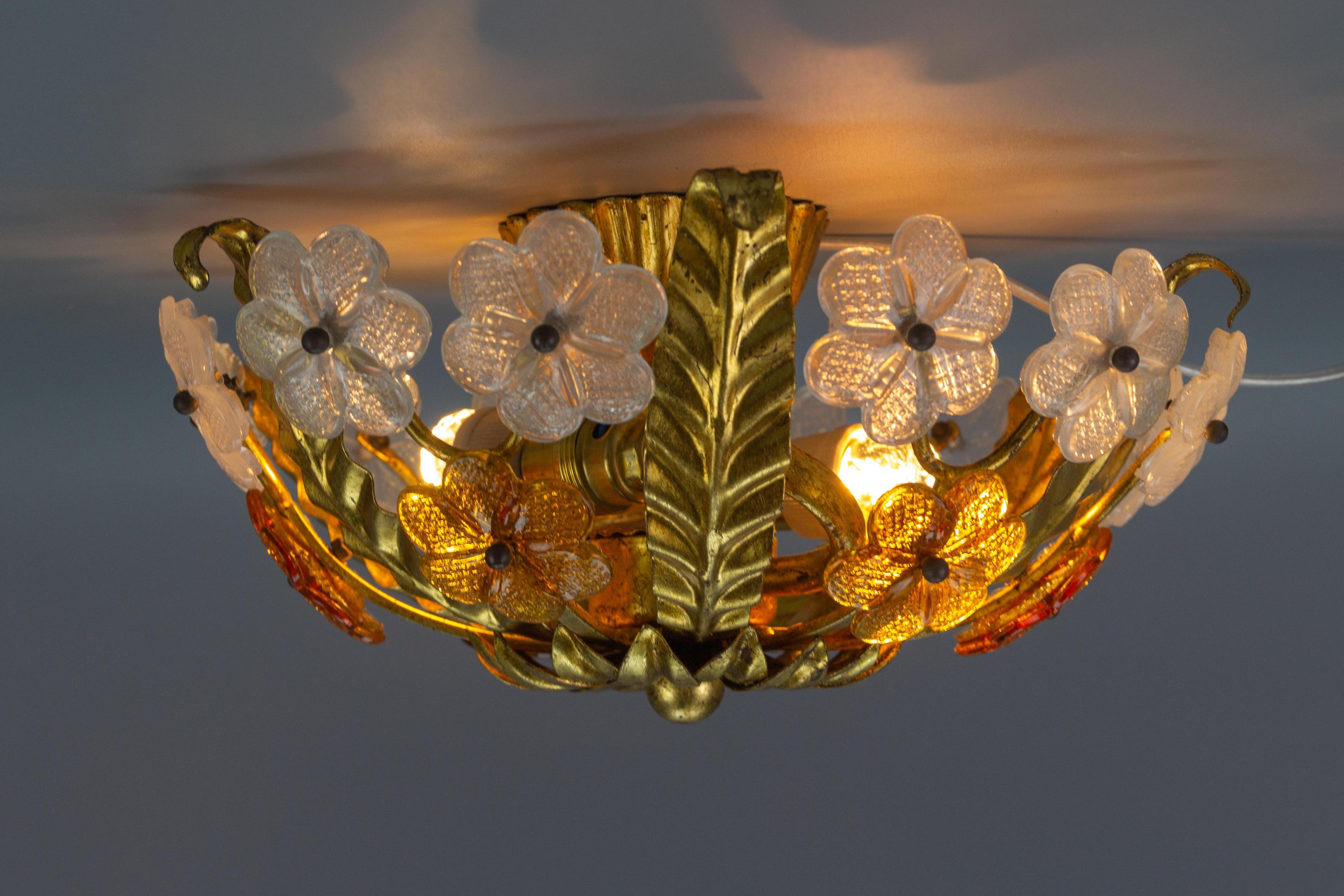 Floral Gilt Tole & White and Brown Glass Flower Flush Mount 6