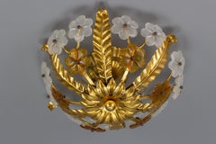 Floral Gilt Tole & White and Brown Glass Flower Flush Mount