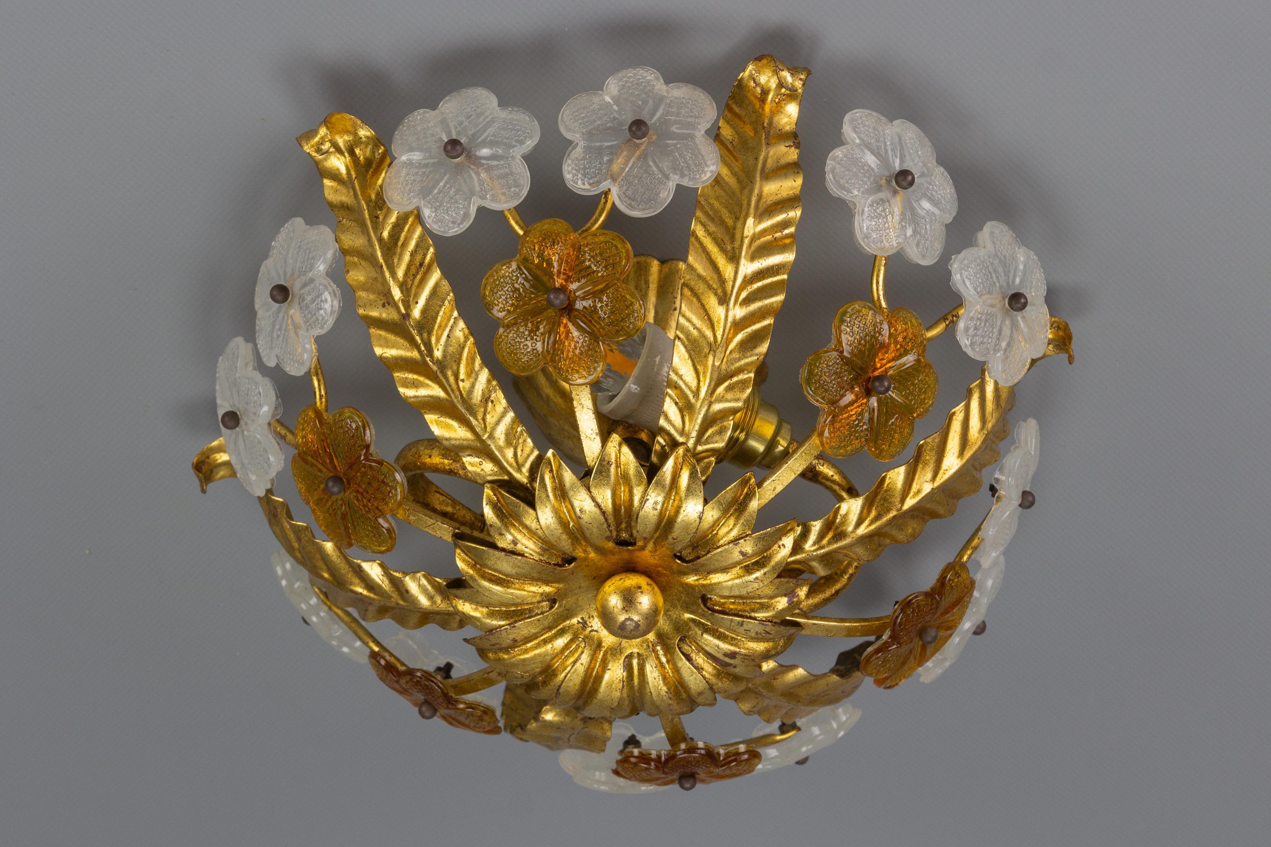Hollywood Regency Floral Gilt Tole & White and Brown Glass Flower Flush Mount