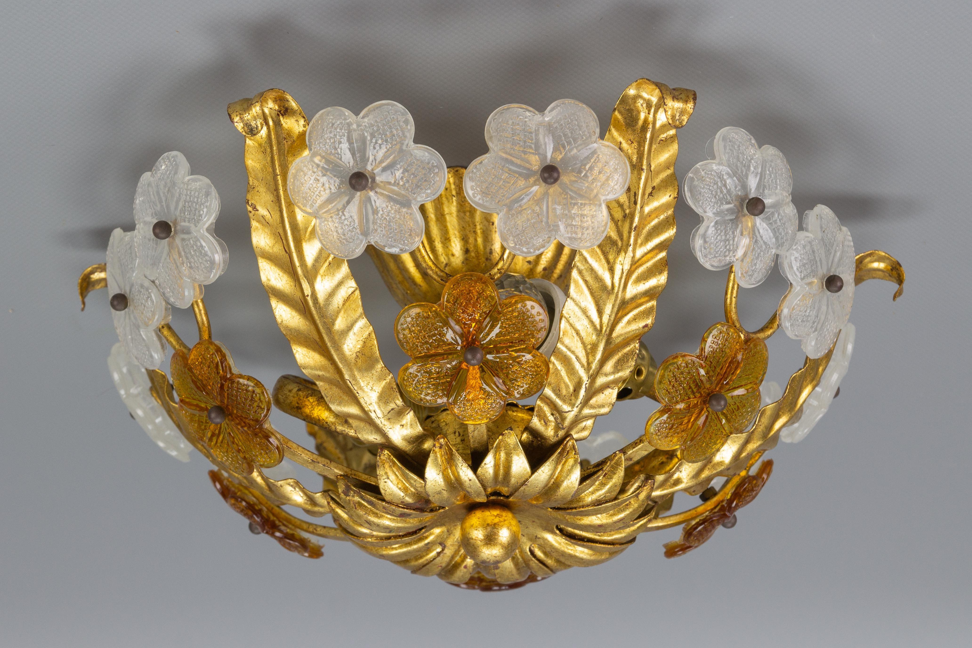 German Floral Gilt Tole & White and Brown Glass Flower Flush Mount