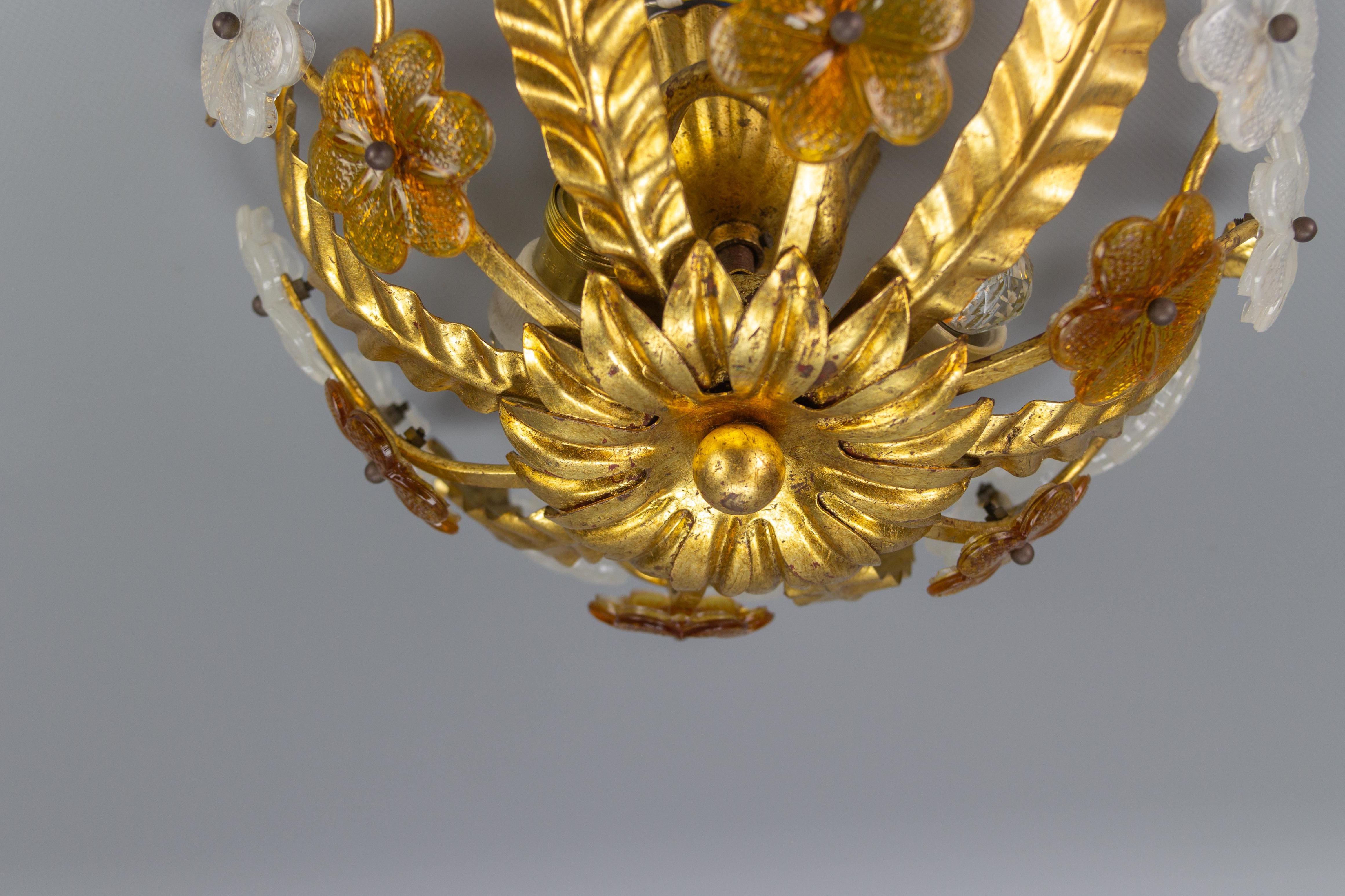 Mid-20th Century Floral Gilt Tole & White and Brown Glass Flower Flush Mount