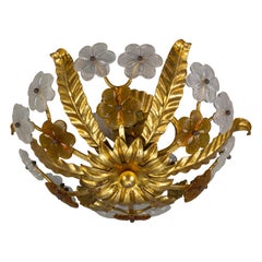 Floral Gilt Tole & White and Brown Glass Flower Flush Mount