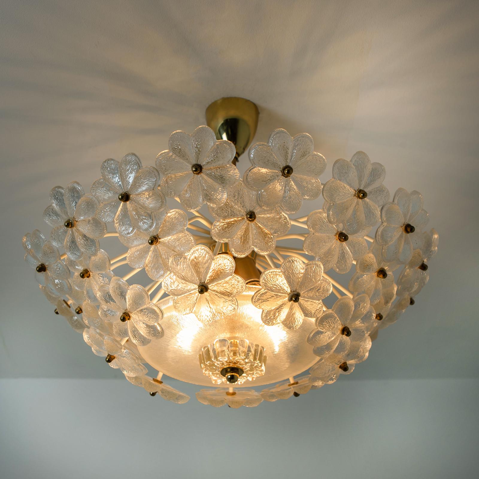 Mid-Century Modern Floral Glass and Brass Flush Mount Chandelier by Ernst Palme, 1970s