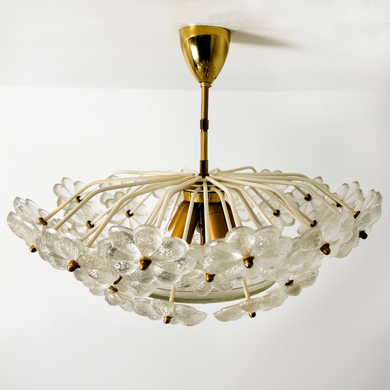 20th Century Floral Glass and Brass Flush Mount Chandelier by Ernst Palme, 1970s