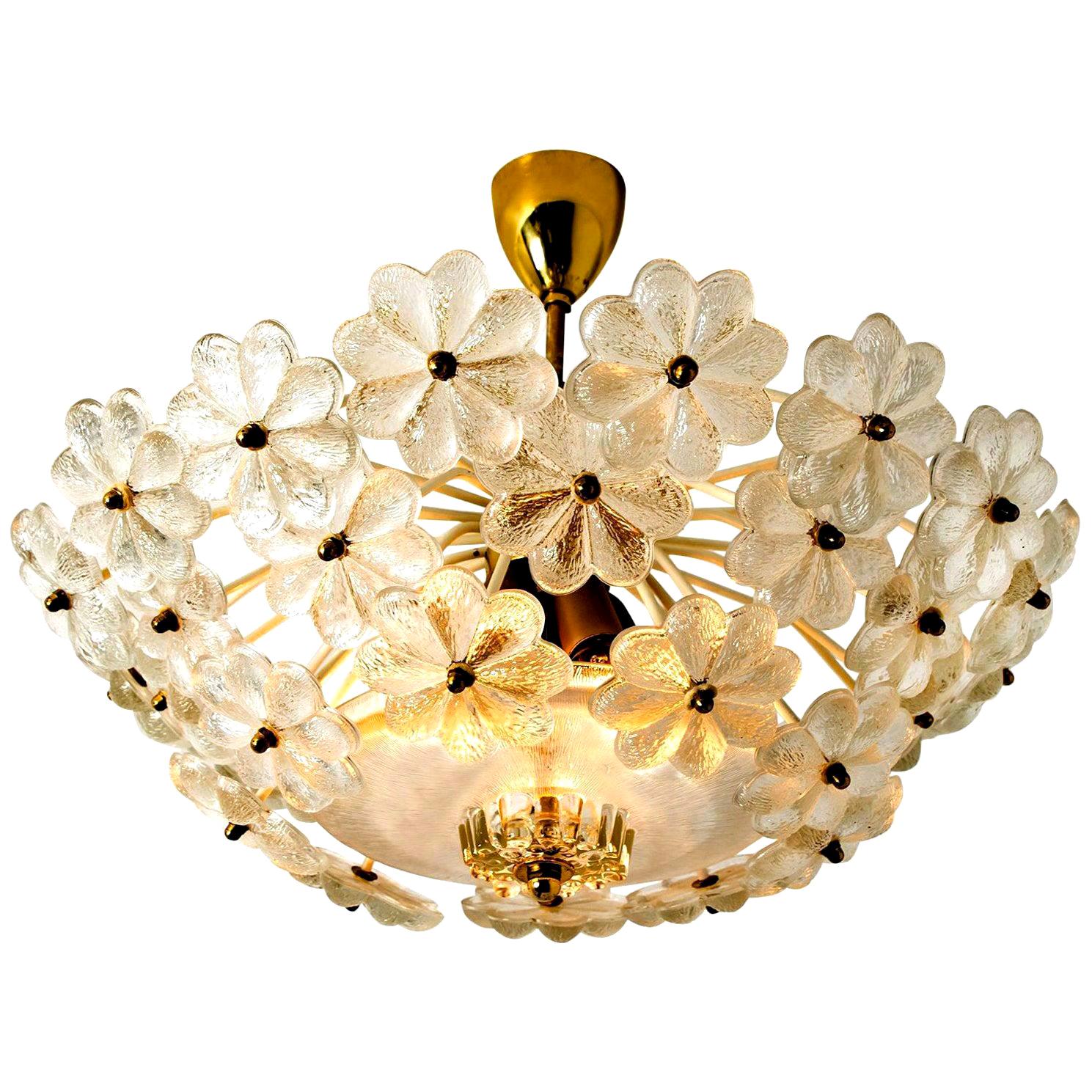 Floral Glass and Brass Flush Mount Chandelier by Ernst Palme, 1970s