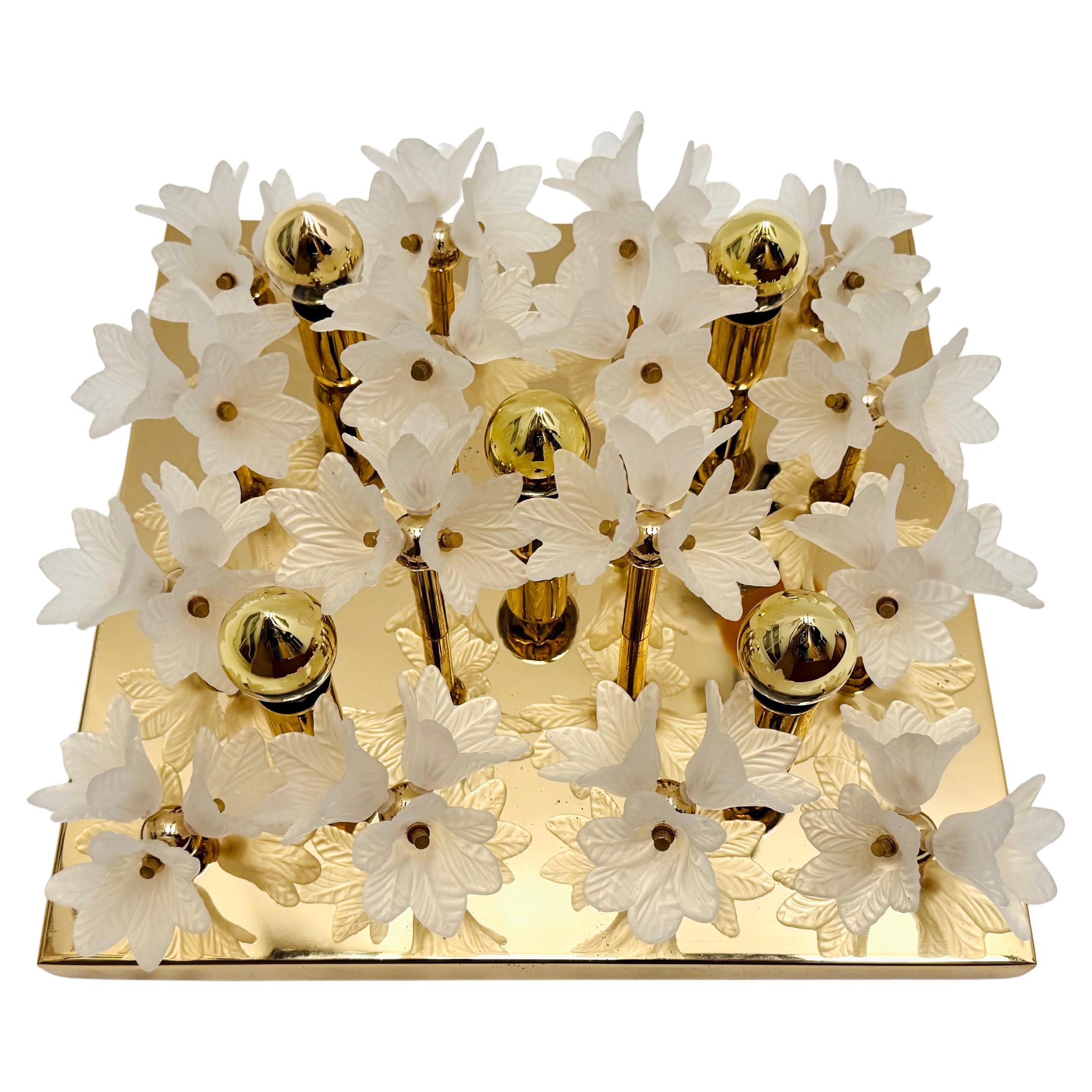Floral Glass and Brass Wall Lamp or Flush Lamp